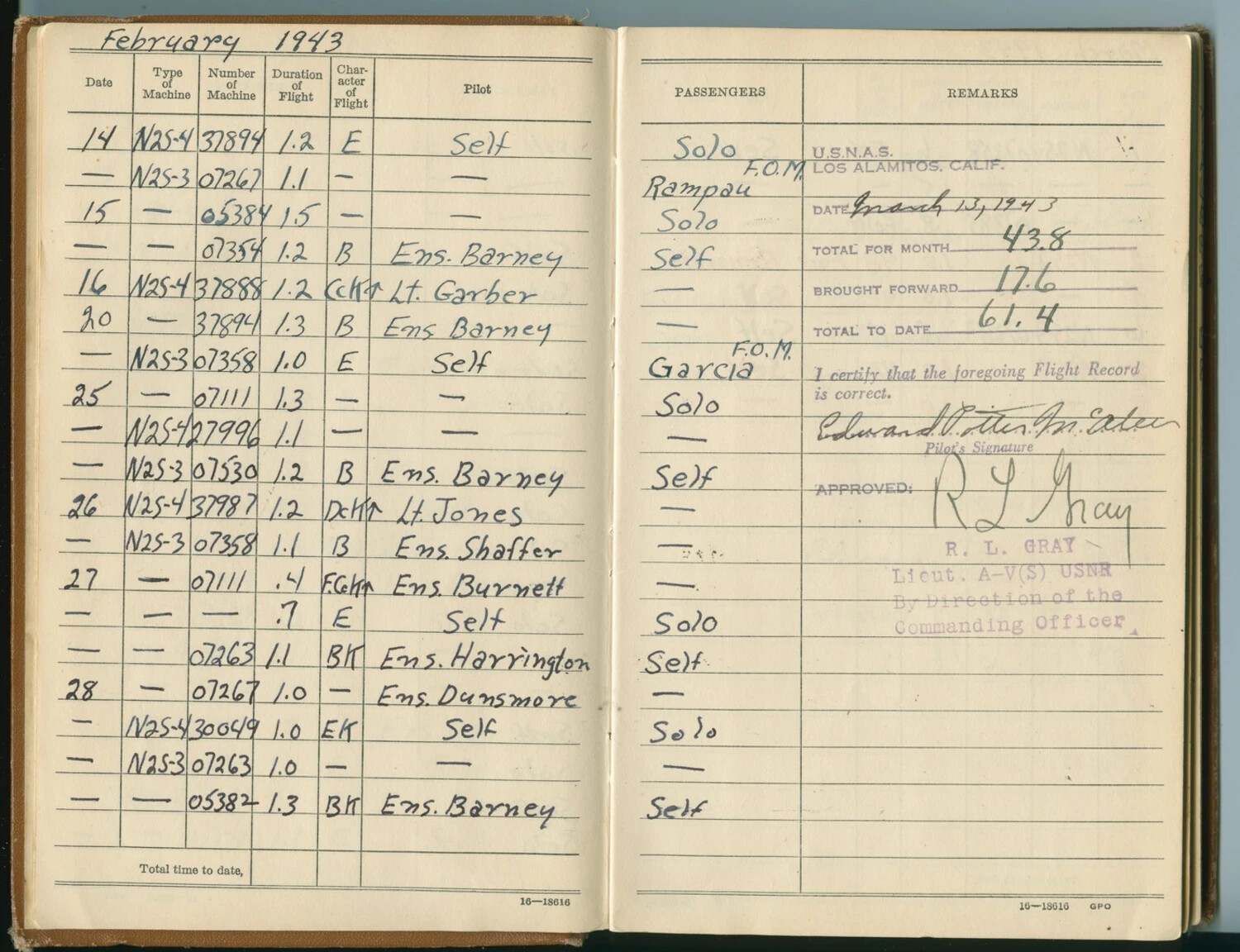 Naval Aviator's Flight Log Book, February 1943, NAS Los Alamitos (McAleer Collection)