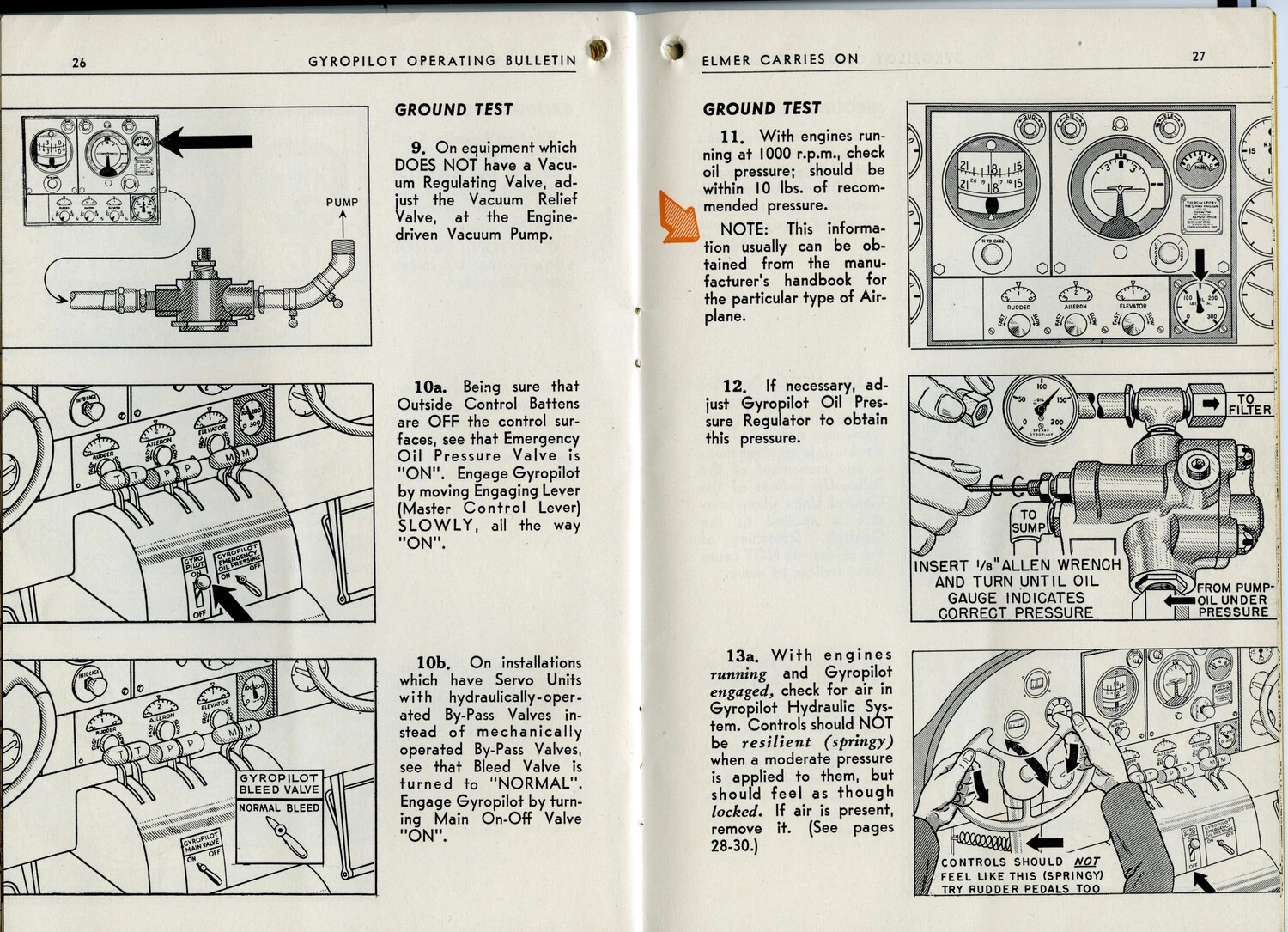 Gyropilot Operating Bulletin, 'Elmer Carries On' Series, Pages 26-27 — Ground Test Instructions