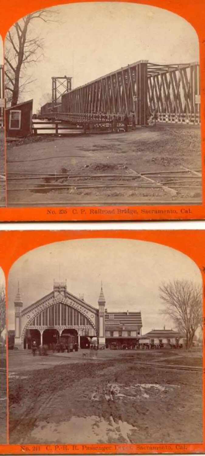 Vintage Stereoview Photographs: Central Pacific Railroad Bridge and Passenger Depot, Sacramento, California