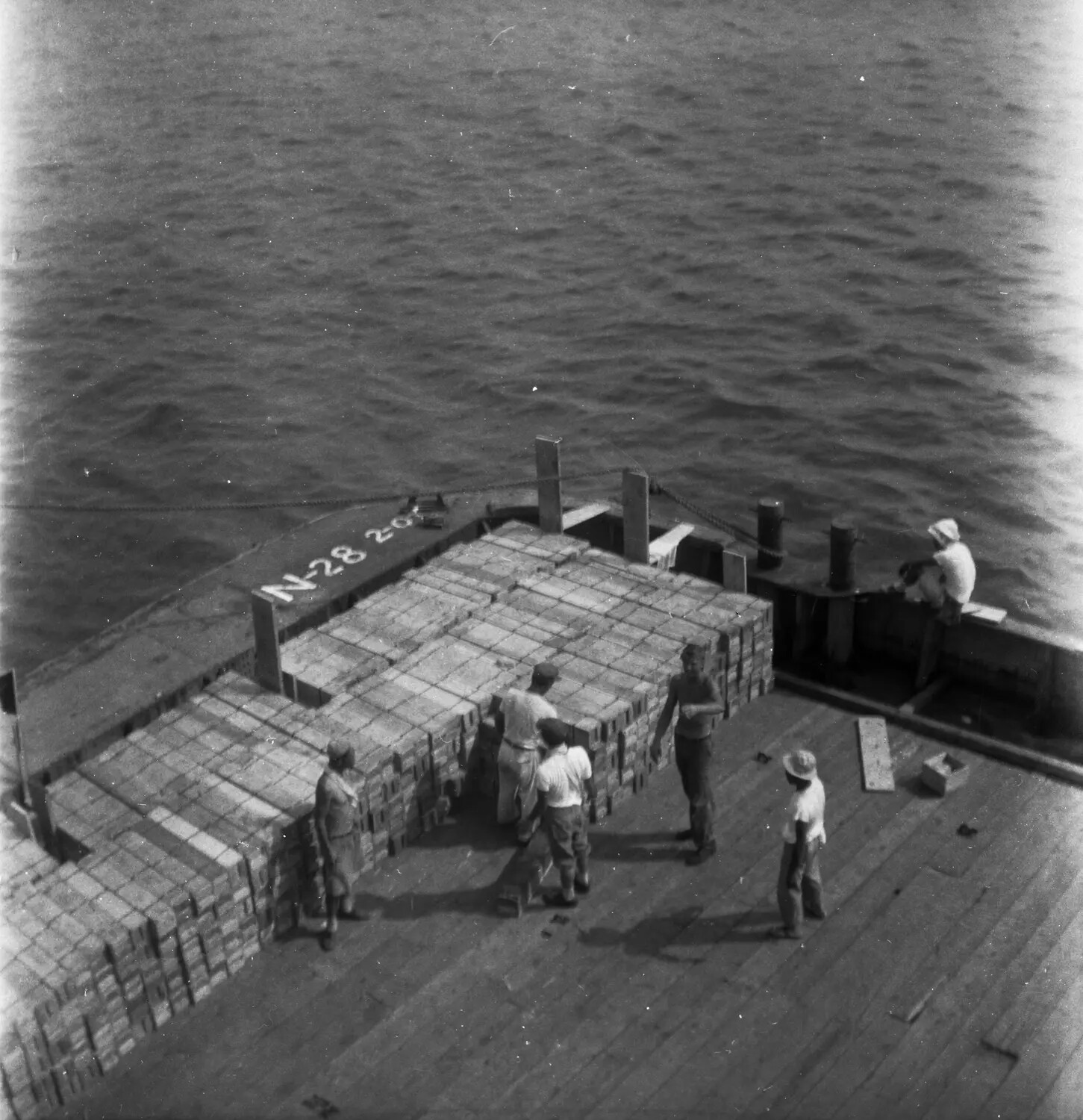 Aerial View of Cargo Barge Loaded with Crates, Sasebo, Japan