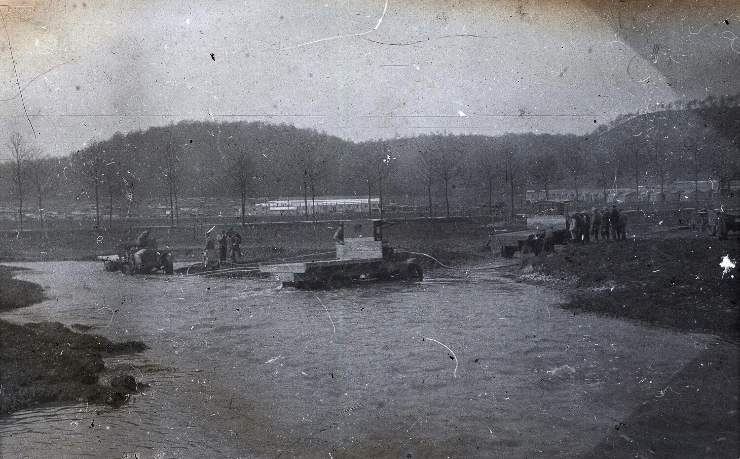 WWI France Glass Plate Negative: Motor Vehicles Fording/Pumping Operation at River Crossing, France