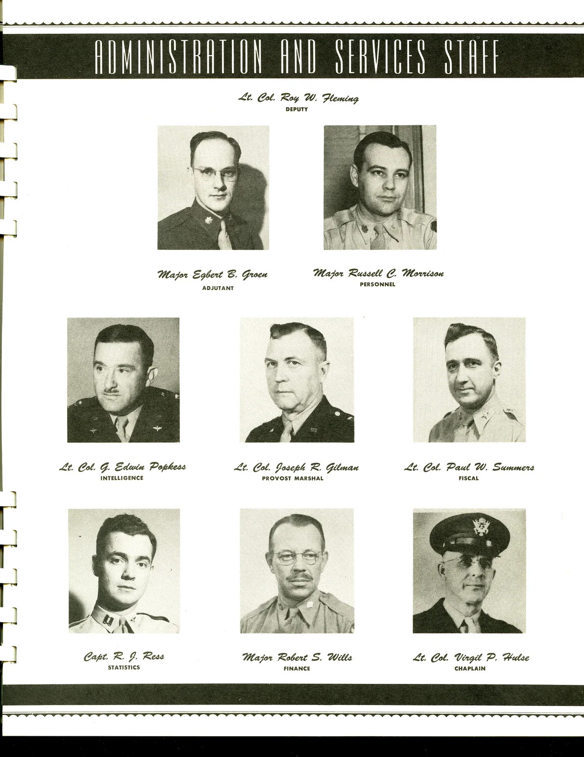 "Administration and Services Staff" Roster Page, Scott Field Unit History Book, WWII Era