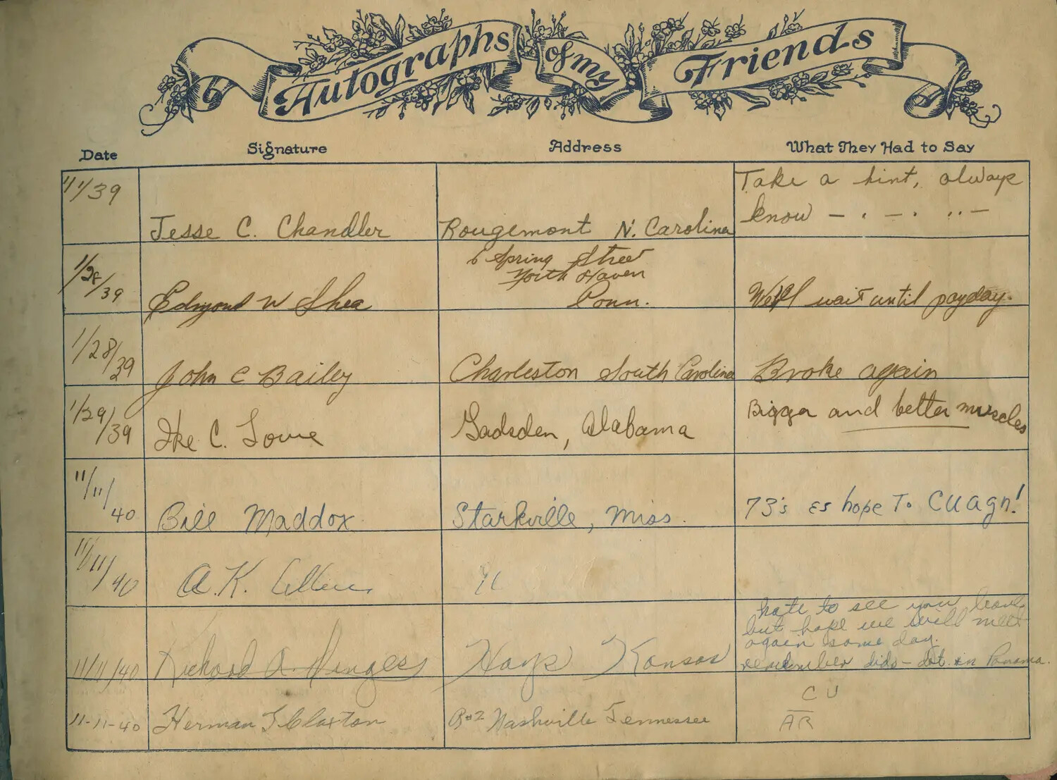 Page from Personal Autograph Book, 'Autographs of My Friends,' 1939-1940 (Canal Zone Album)