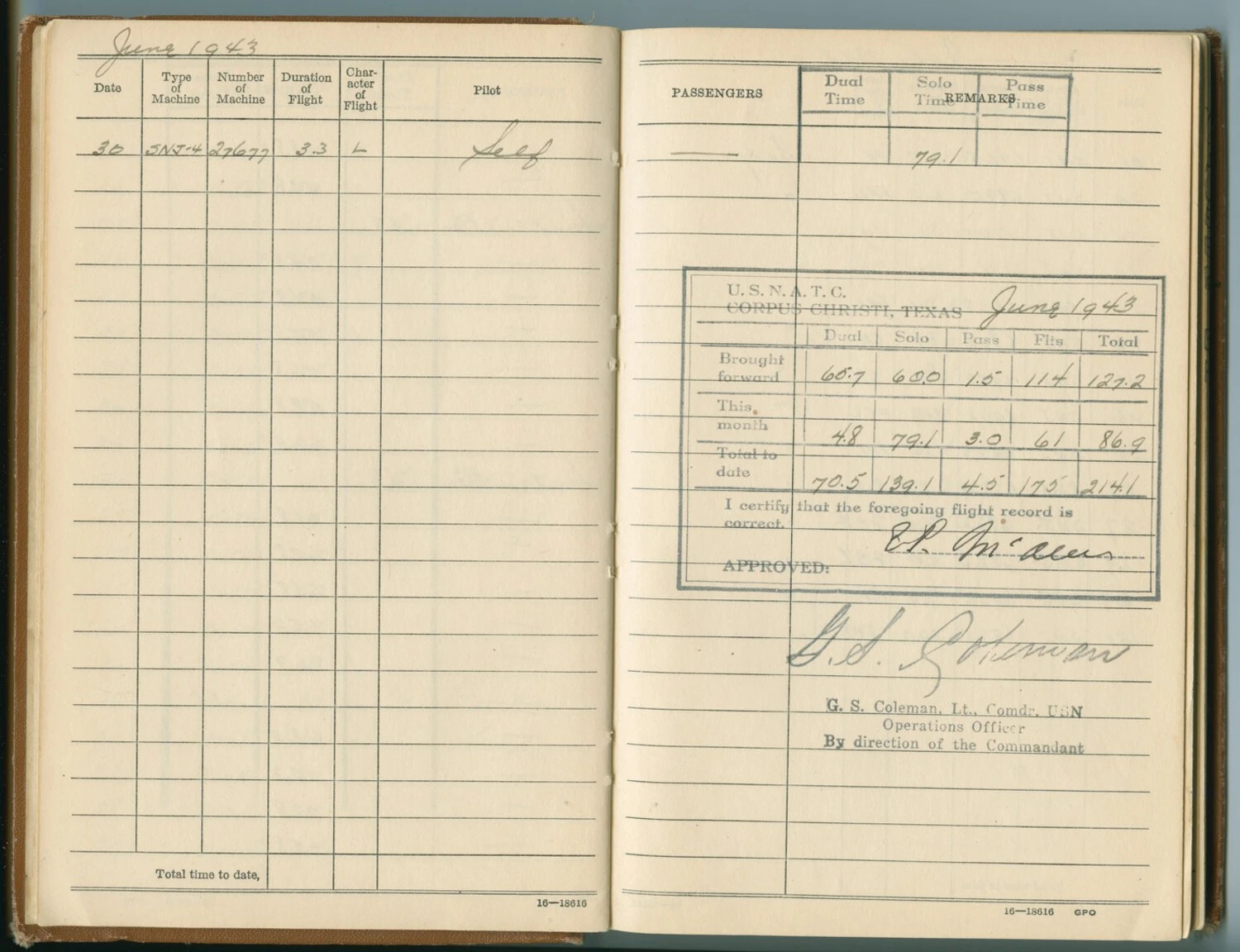 U.S. Navy Flight Log Book Page, NAS Corpus Christi, June 1943 -- Edward P. McAleer