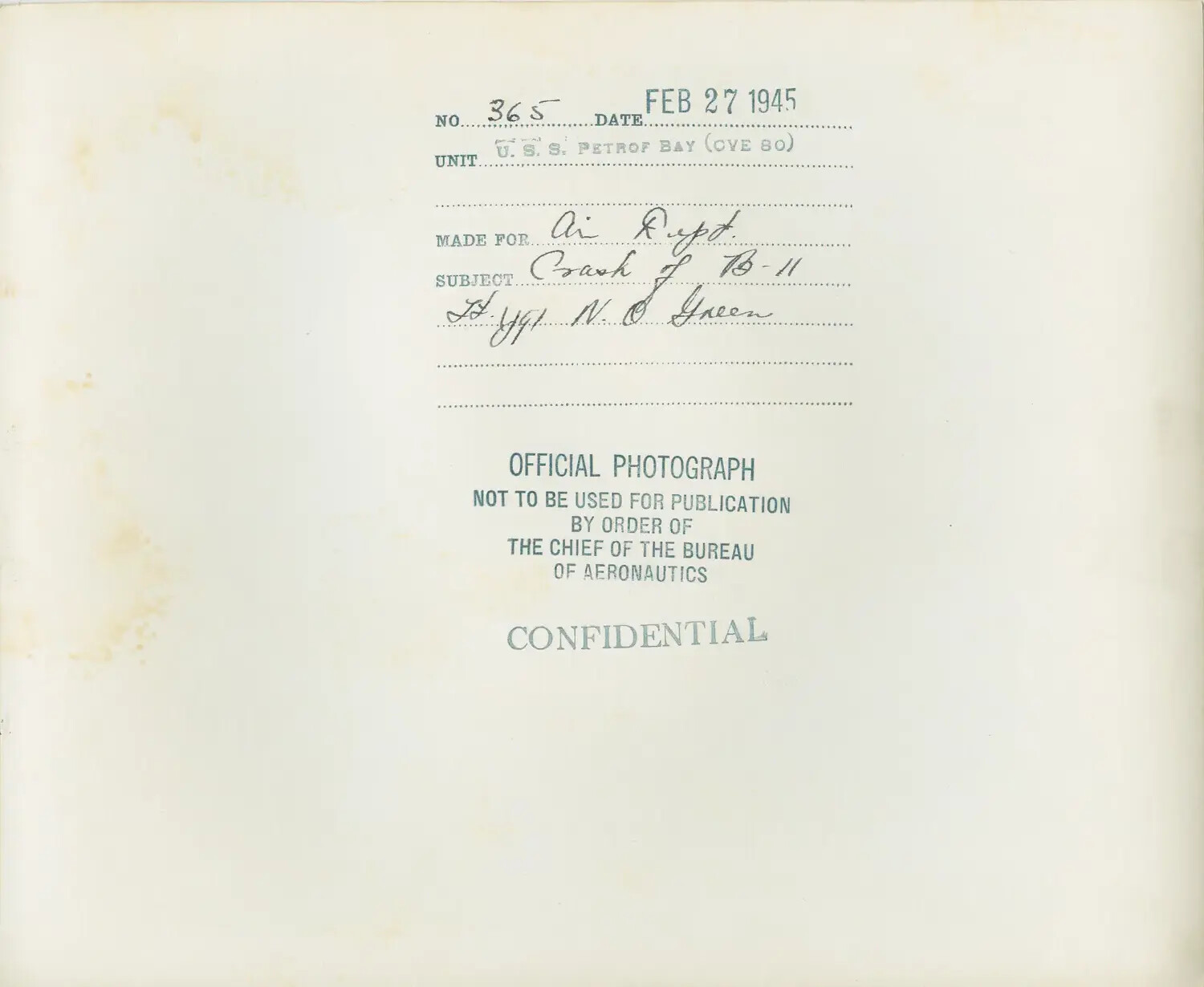 Official U.S. Navy Photograph Caption Card -- Aircraft Crash Aboard USS Petrof Bay (CVE-80), 27 February 1945