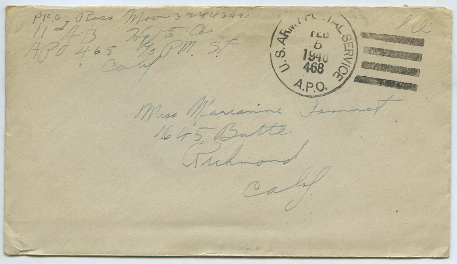 WWII Military Mail Envelope from Pfc. Ross Moon (APO 468) to Richmond, California, February 1945