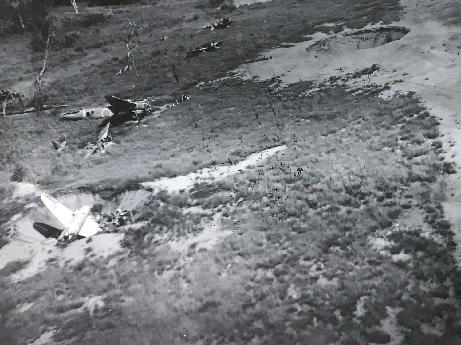 Aerial View of Destroyed Japanese Aircraft on Bombed Airfield, Pacific Theater, WWII (312th Bomb Group)
