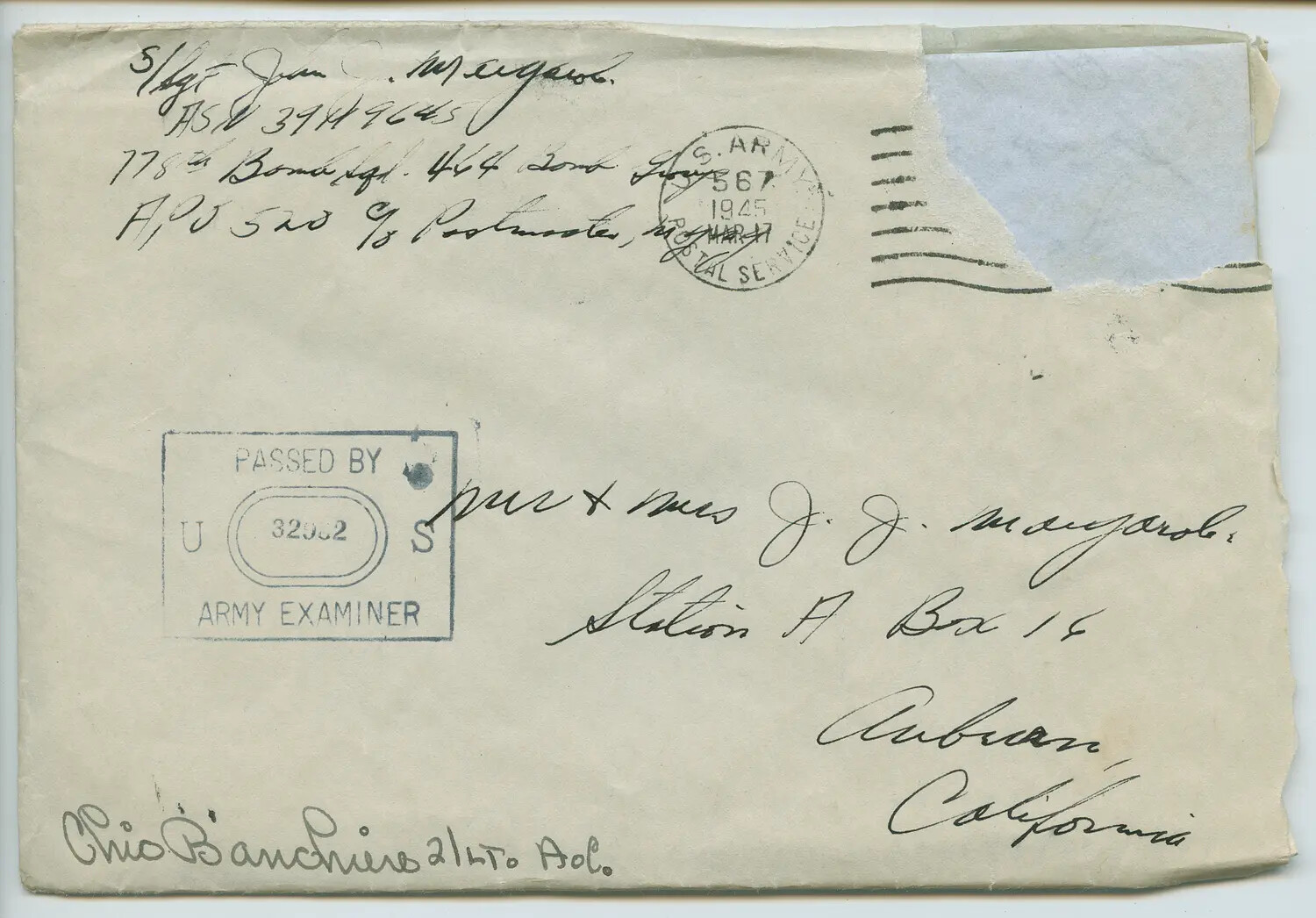 WWII Military Mail Envelope, S/Sgt Margaroli, 778th Bomb Squadron, 464th Bomb Group, APO 520, Postmarked March 17, 1945
