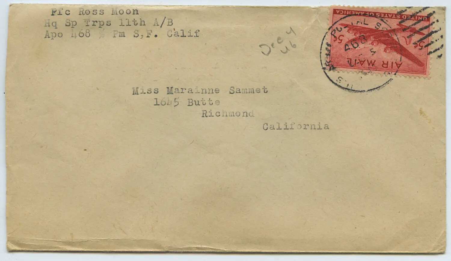 Airmail Envelope from Pfc Ross Moon, 11th Airborne Division, to Miss Marainne Sammet