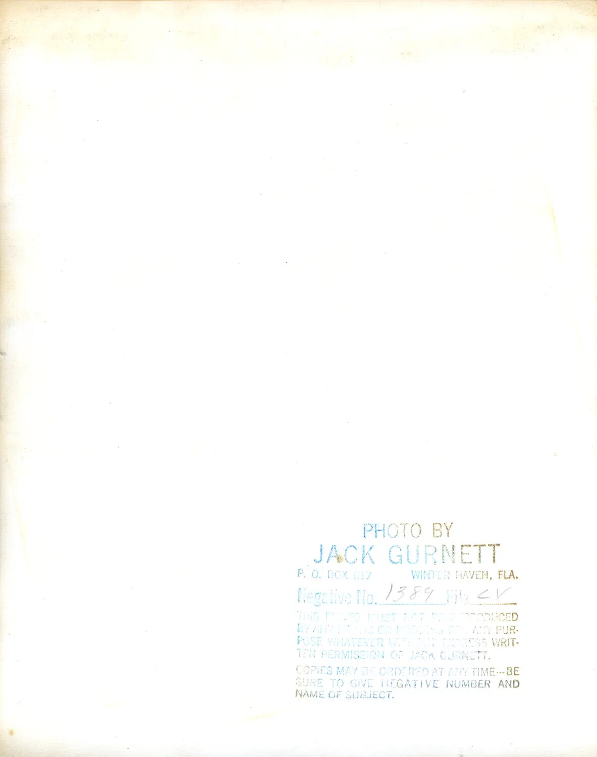 Verso of Photograph with Jack Gurnett Photography Studio Stamp, Winter Haven, Florida