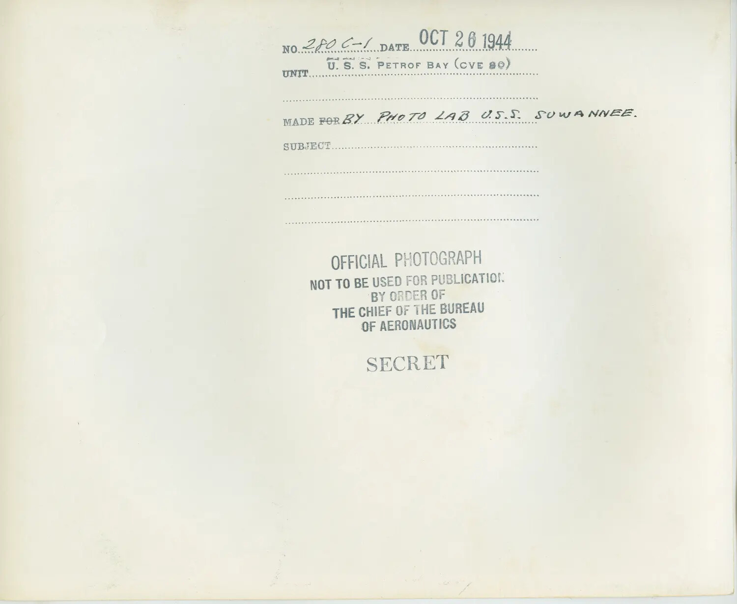 Verso Caption Card, Official U.S. Navy Photograph of USS Petrof Bay (CVE-80), October 26 1944