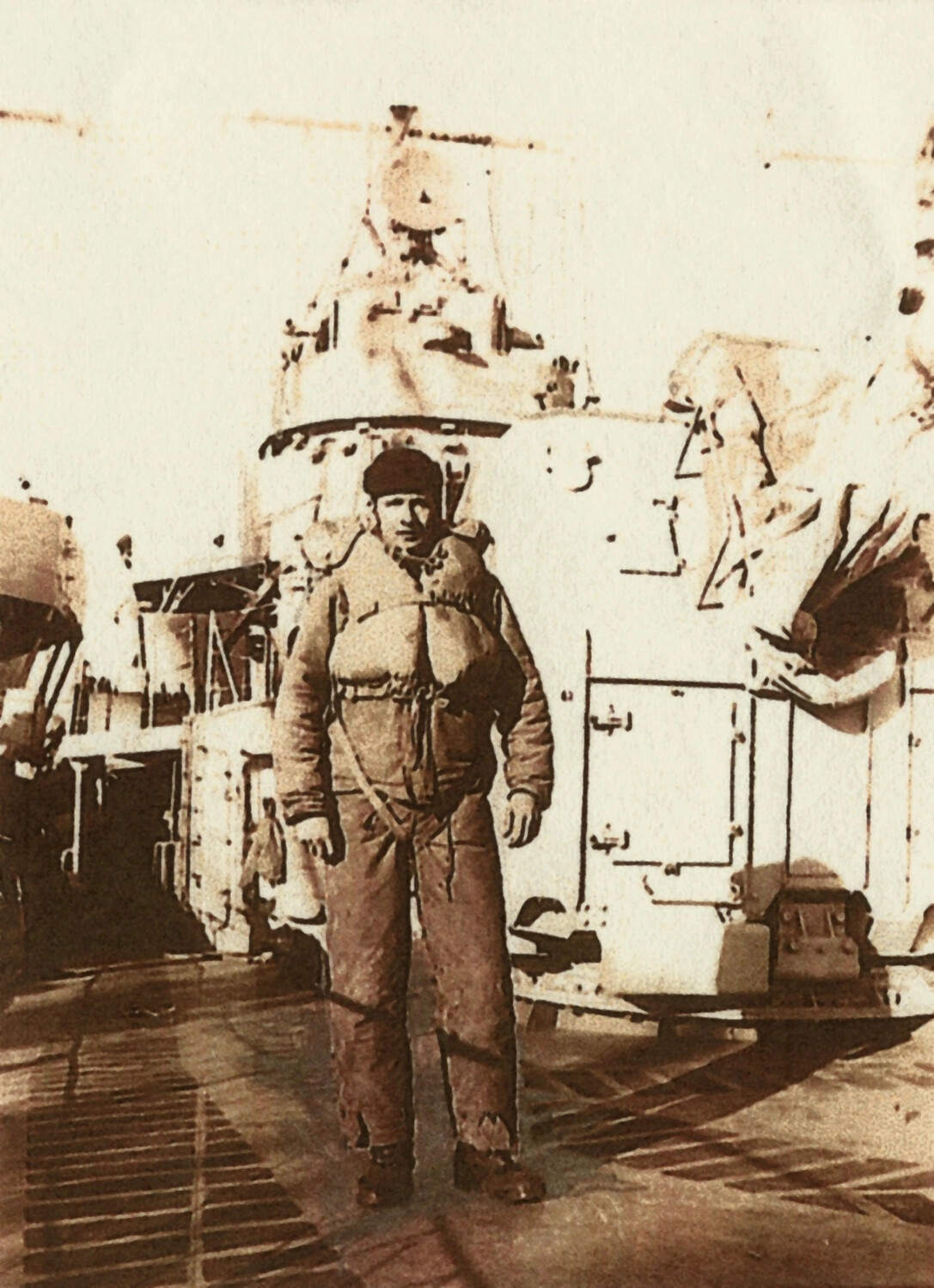 Sailor Ken Waldron in Cold-Weather Gear Aboard Warship, Korean War Era