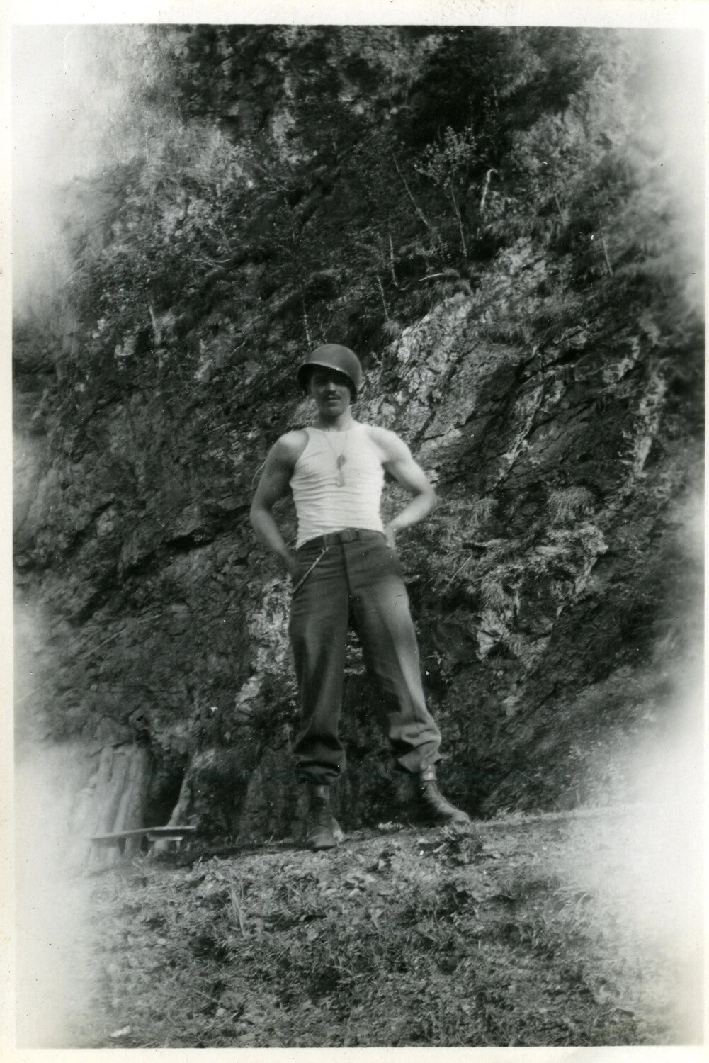 44th Infantry Division Soldier Posing on Rocky Hillside, European Theater