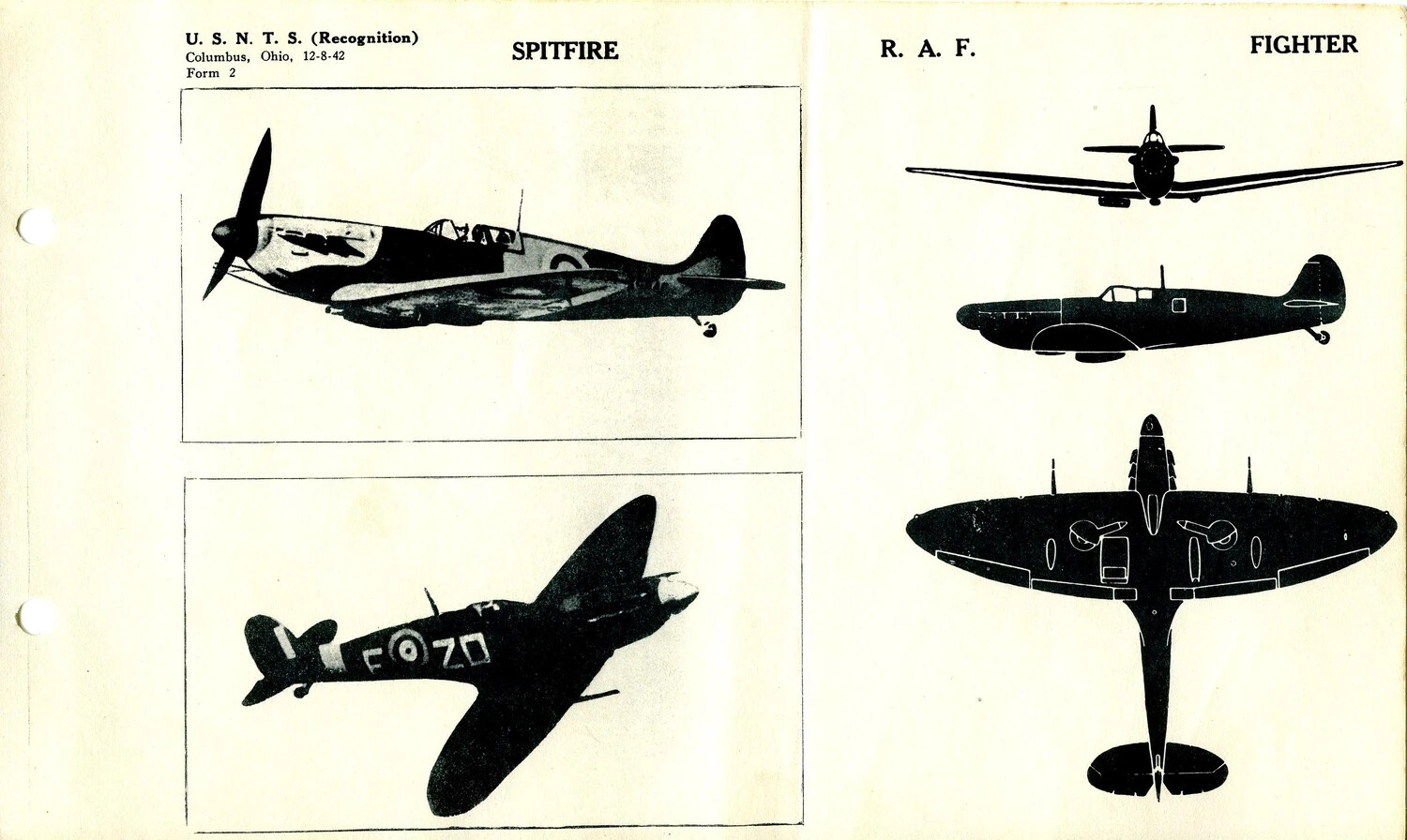 USNTS Aircraft Recognition Training Card: Supermarine Spitfire, R.A.F. Fighter (Form 2, 12-8-42)