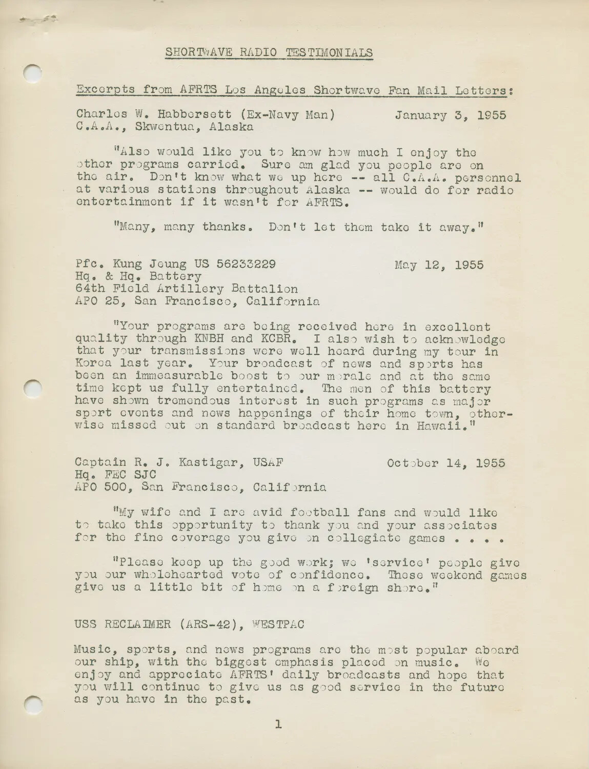 AFRTS Shortwave Radio Fan Mail Testimonials Document, 1955