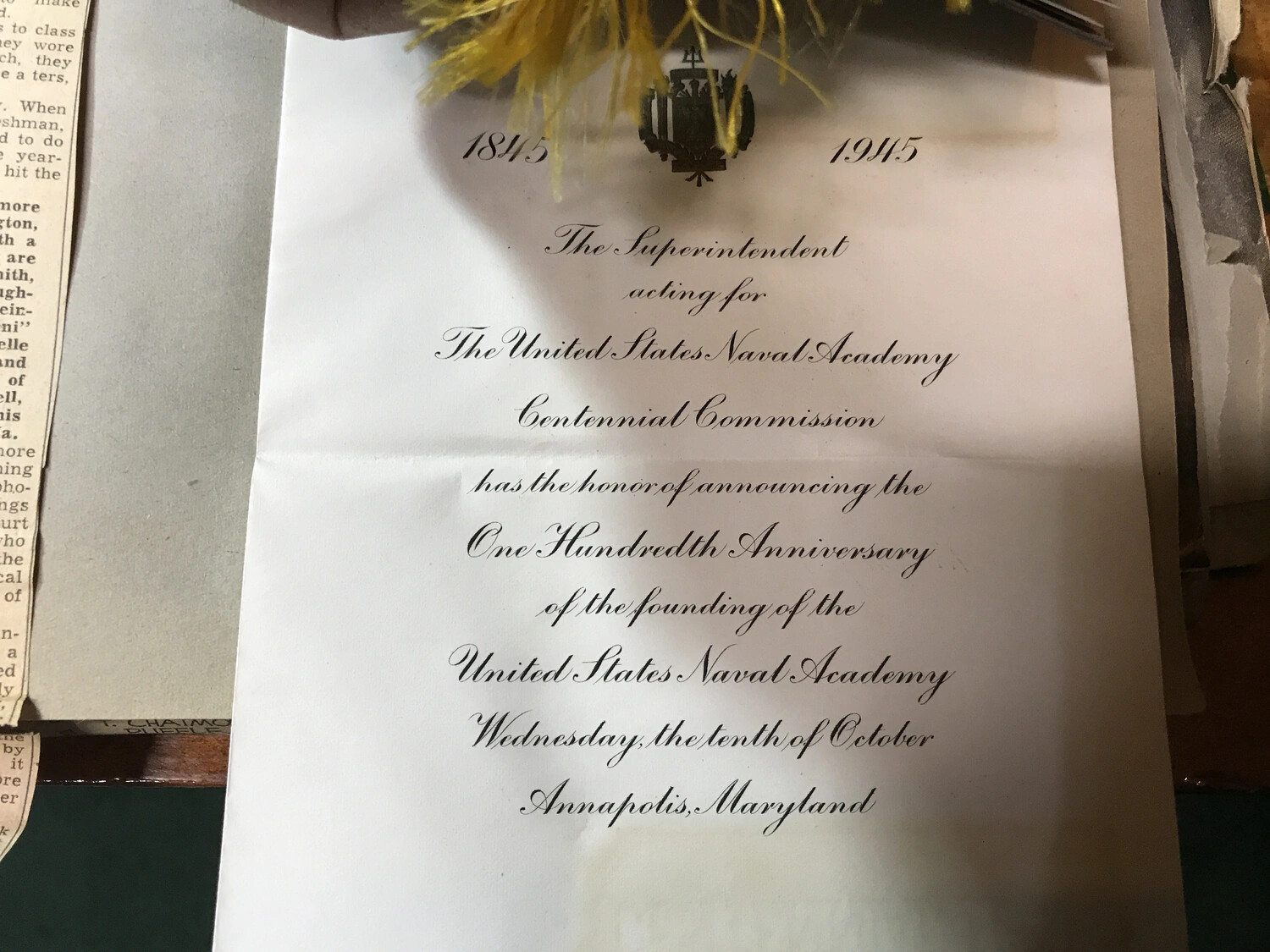 United States Naval Academy Centennial Invitation, Annapolis, Maryland, October 10, 1945