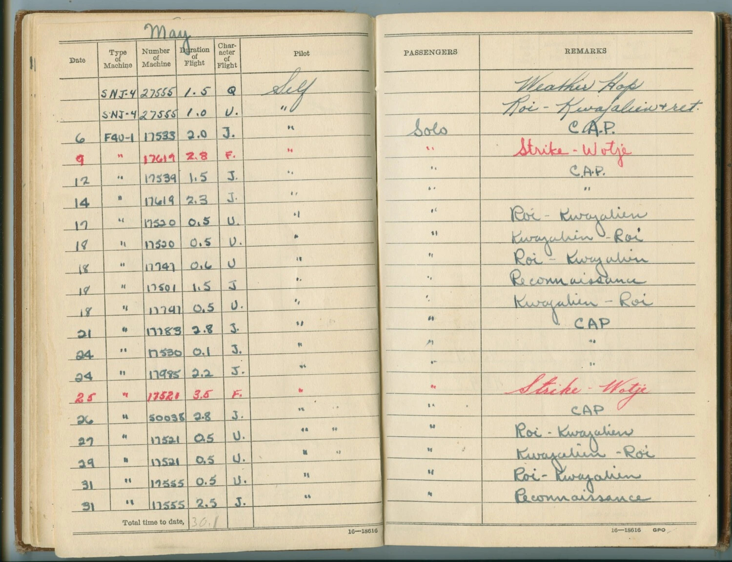 Pilot's Flight Log Book, May Entries: F4U-1 Corsair Operations from Roi-Kwajalein, Including Strikes on Wotje Atoll — McAleer Collection