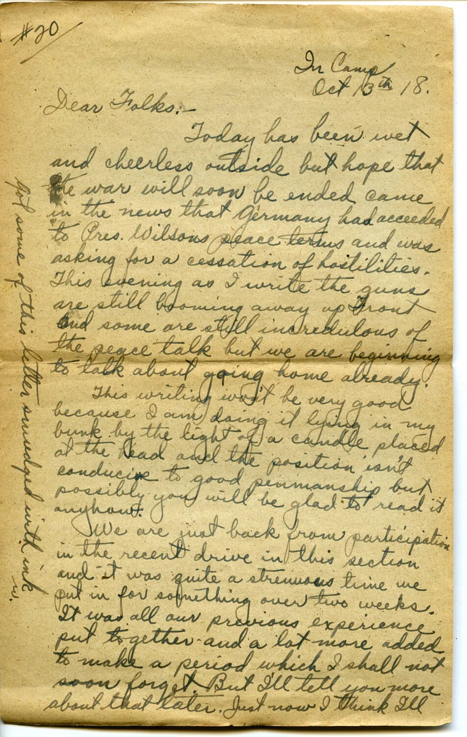 WWI Letter, Pvt. Willis W. Wagener, "In Camp, Oct. 13th [19]18" - News of German Peace Overture and Recent Combat Drive, Letter 20 Page B