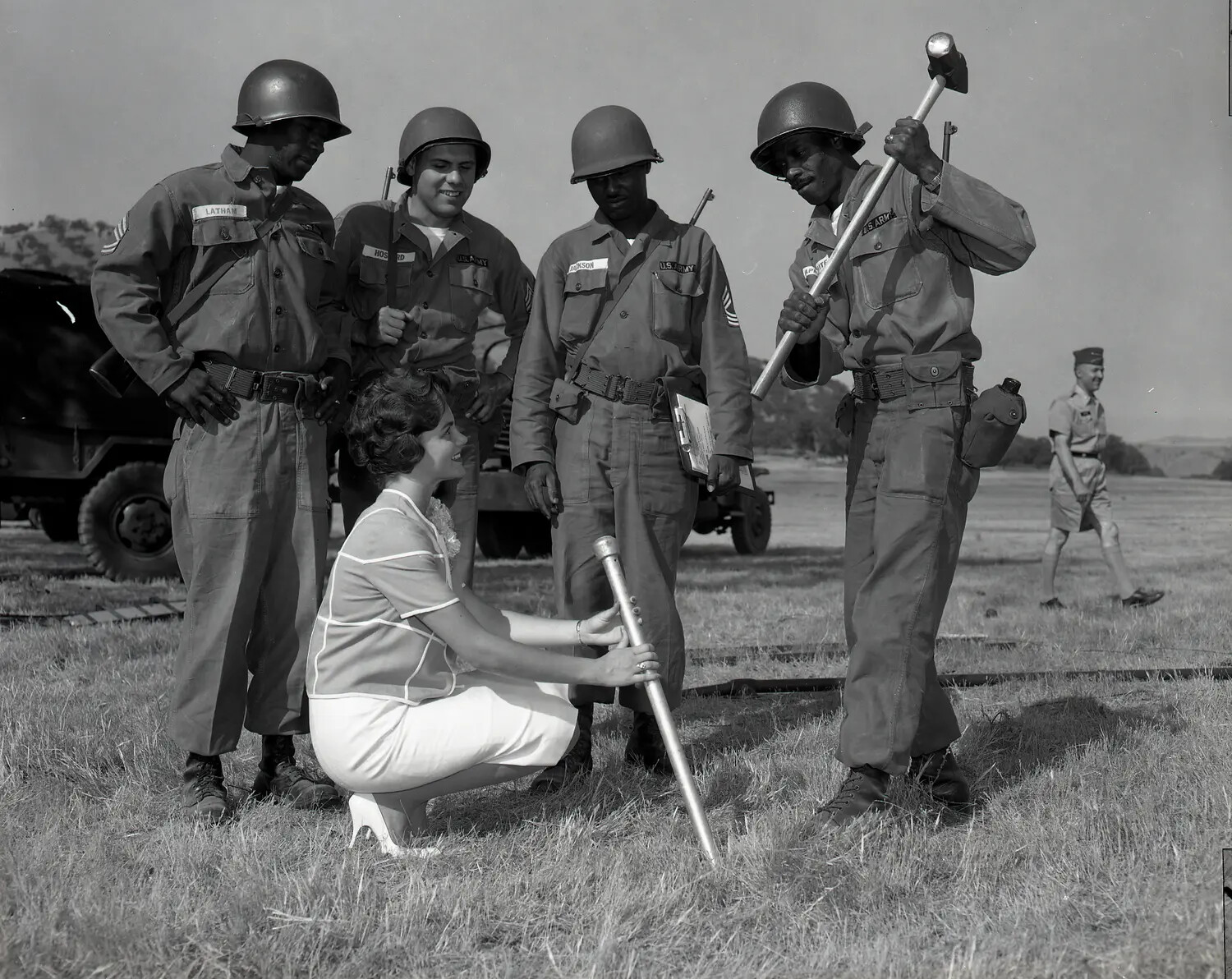 Miss California 1960 Suzanne Marie Reamo Helps Demonstrate Field Stake Placement with National Guard Soldiers
