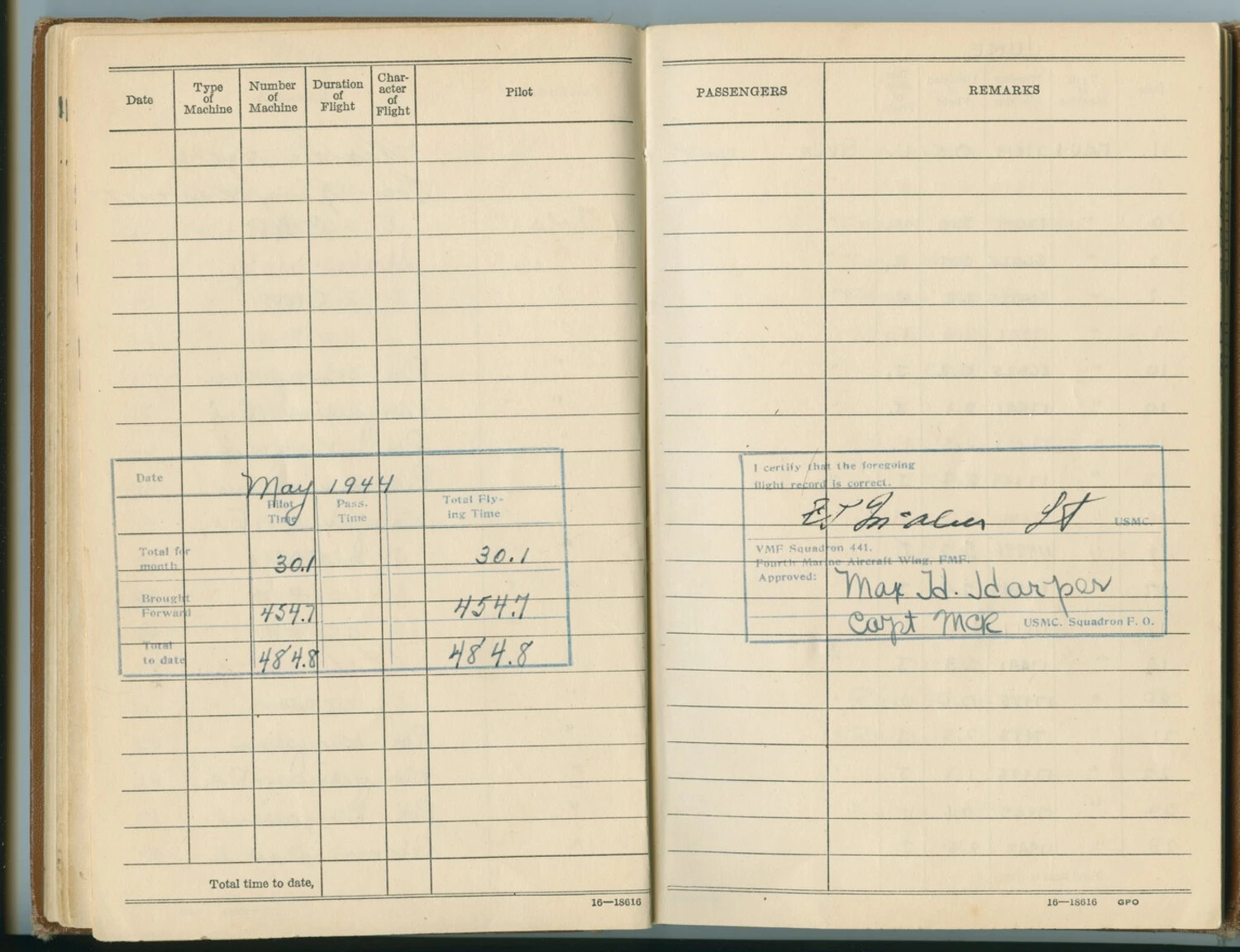 US Marine Corps Pilot Log Book, May 1944 Summary Page, VMF-441, Fourth Marine Aircraft Wing