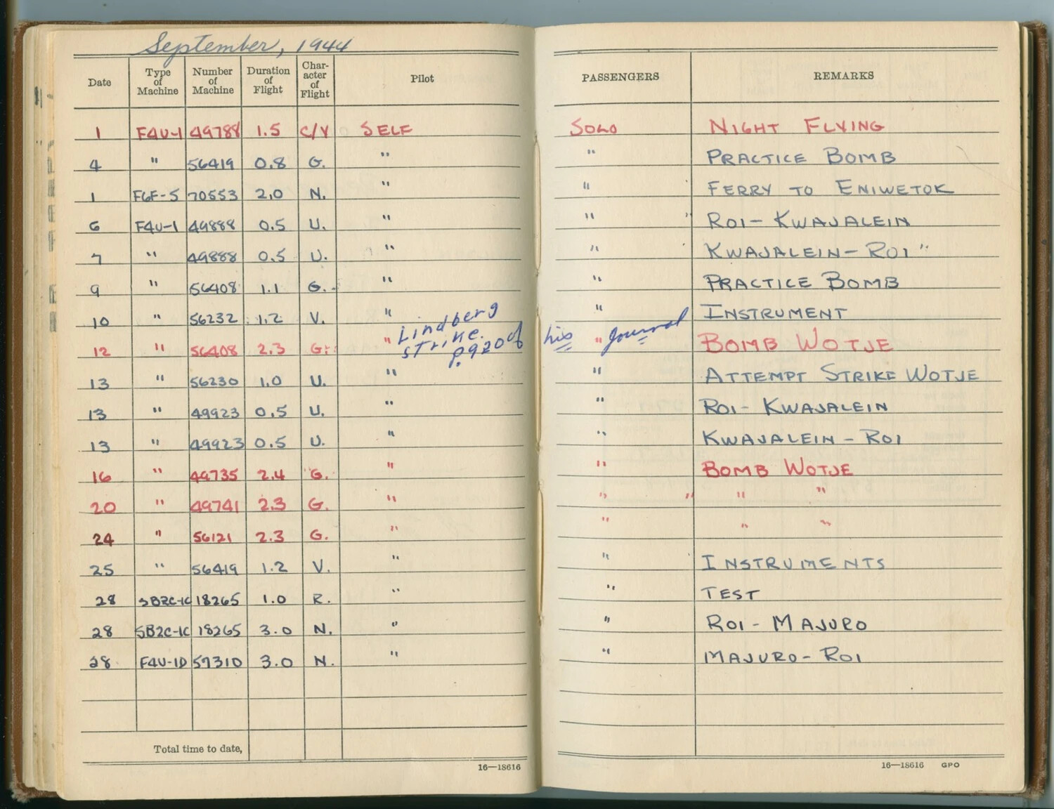 U.S. Navy Aviator's WWII Flight Logbook, September 1944 - Marshall Islands Combat Operations (Wotje, Kwajalein, Eniwetok)