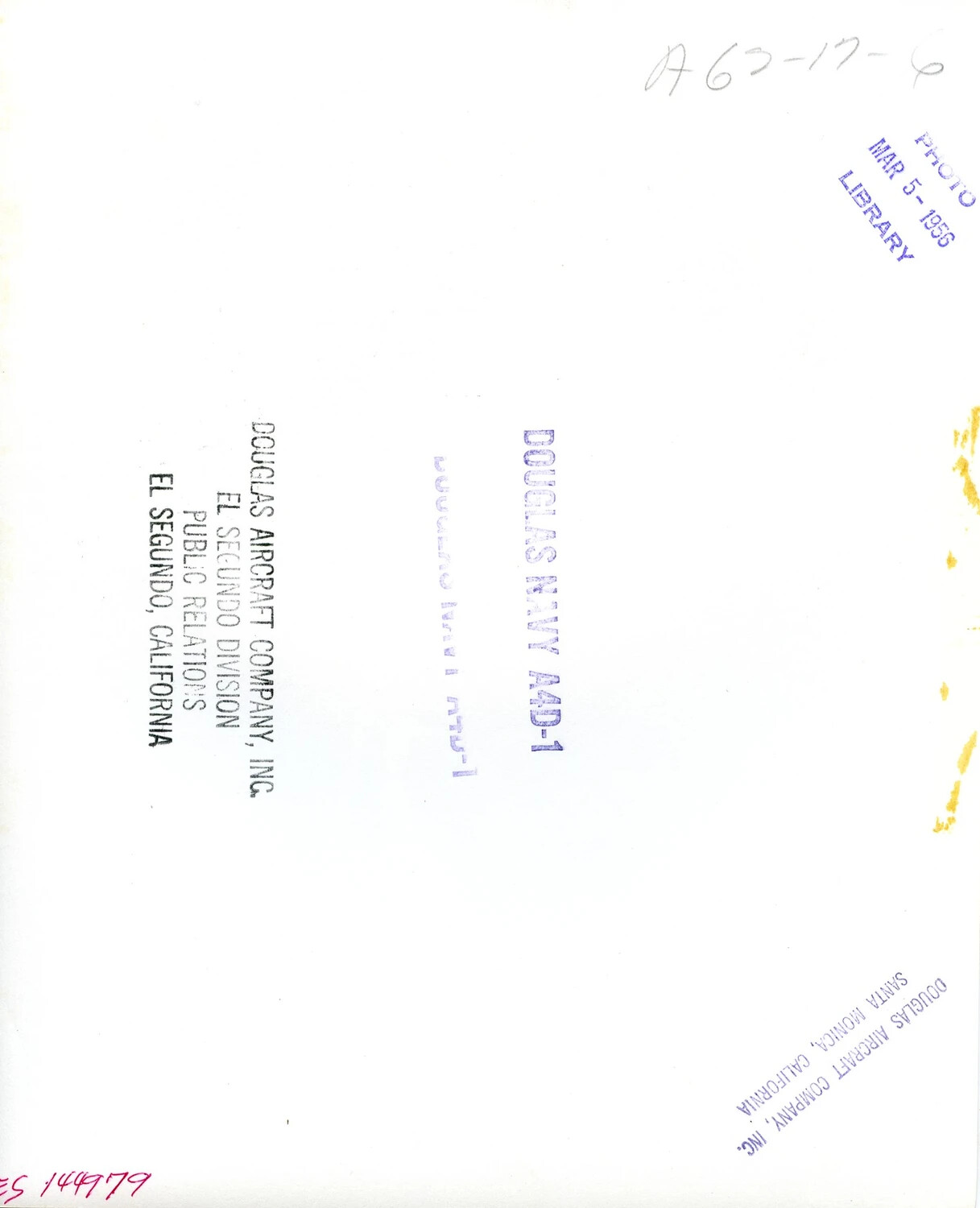Verso of Douglas Aircraft Company Publicity Photograph - "Douglas Navy A2D-1" (A2D Skyshark) Identification Stamps