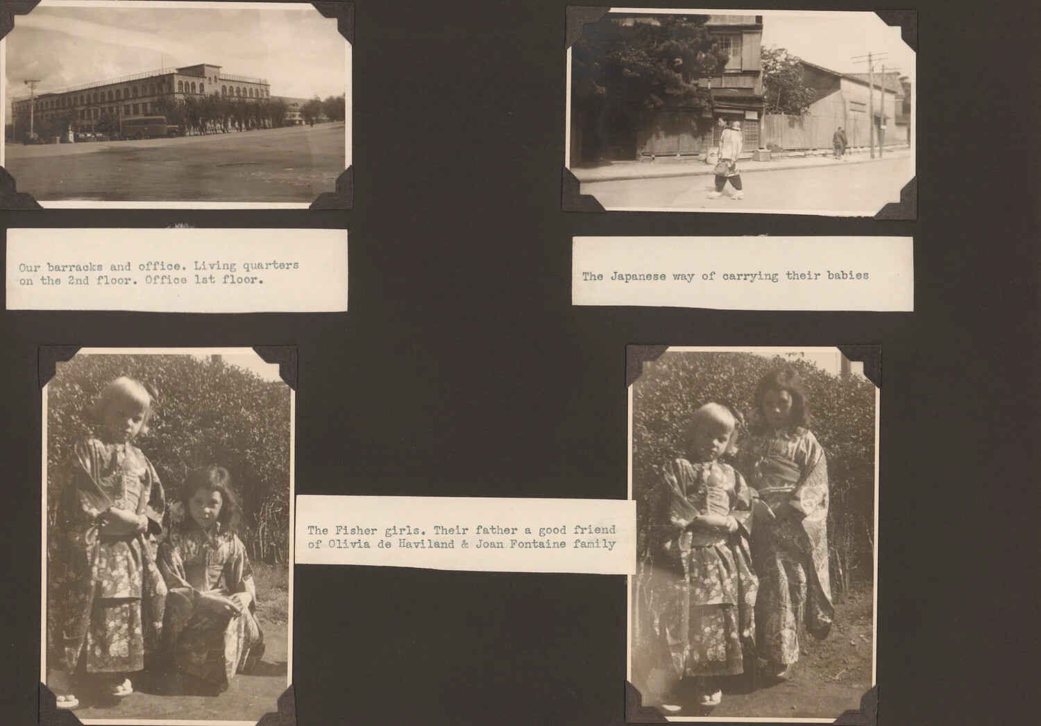 Photo Album Page: Occupation-Era Barracks, Japanese Street Scene, and 'The Fisher Girls' in Kimono, Postwar Japan