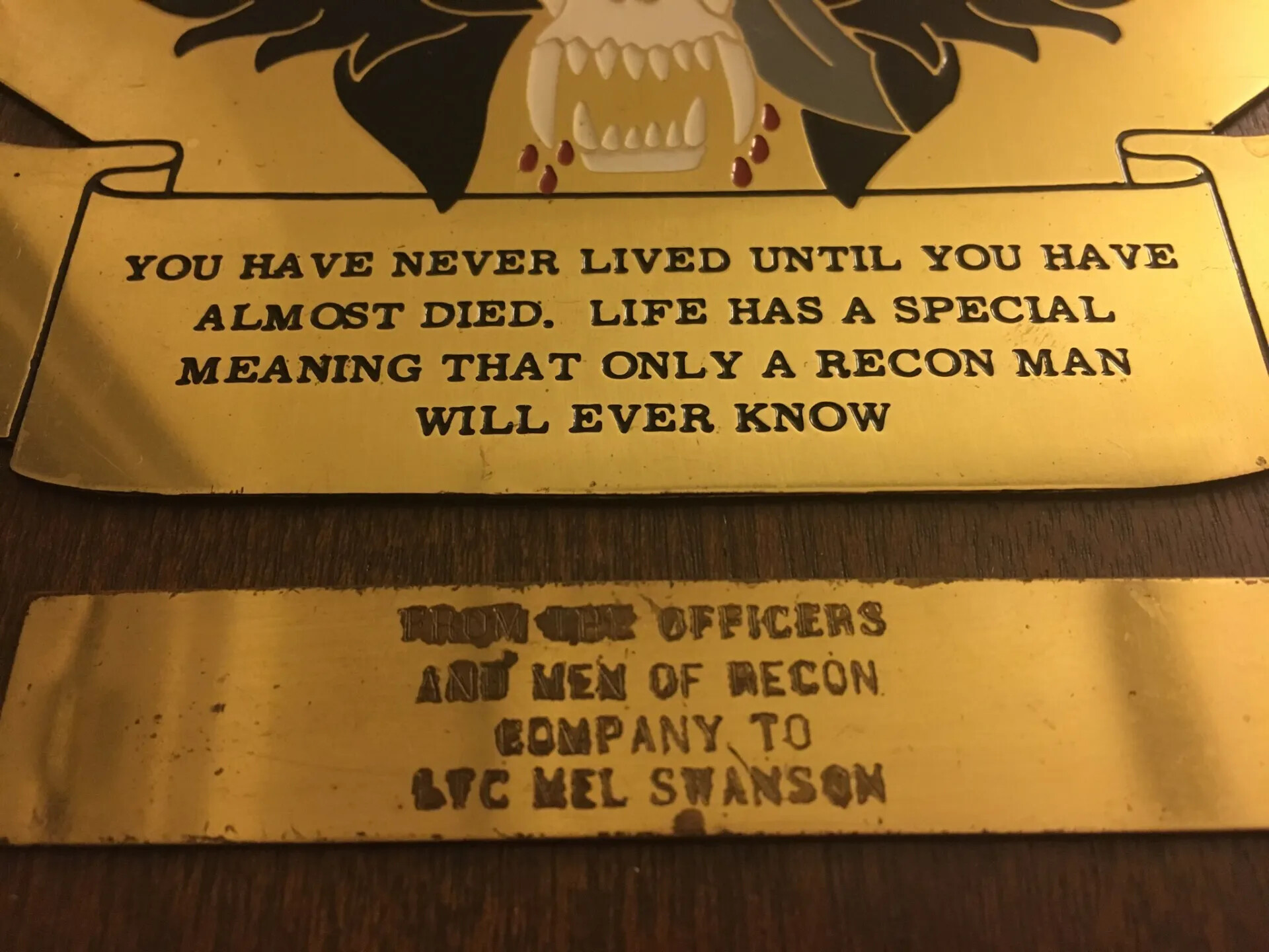 Engraved Brass Dedication Plaque Presented to LTC Mel Swanson by Recon Company