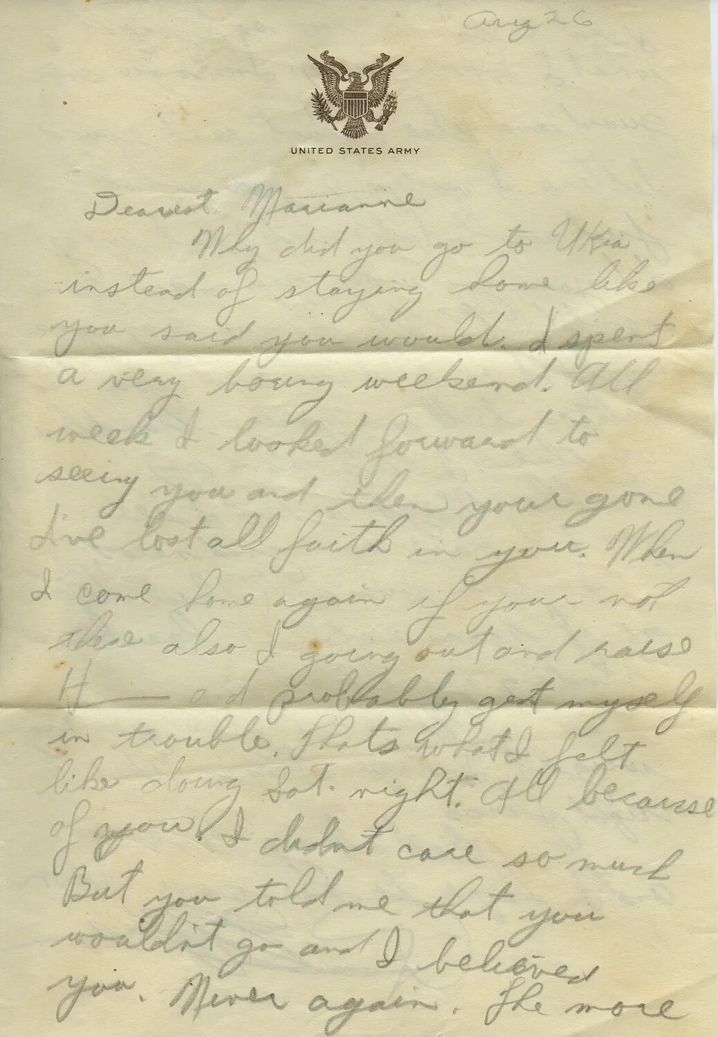Handwritten Personal Letter on US Army Letterhead, Addressed 'Dearest Marianne,' Dated August 26