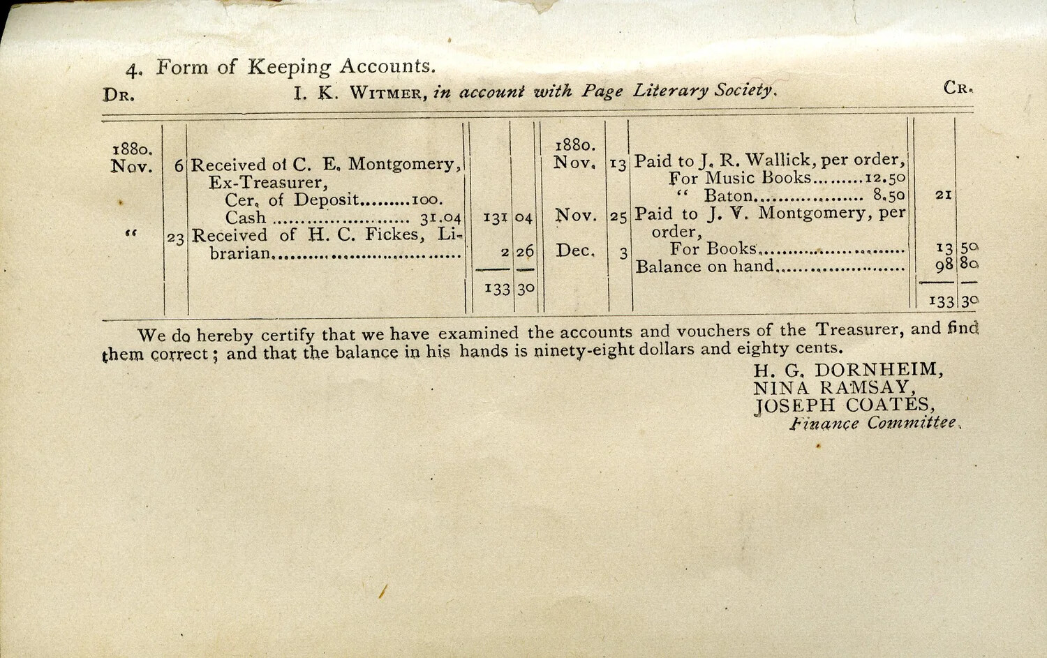 "Form of Keeping Accounts" Page from the Page Literary Society Rule Book, 1880