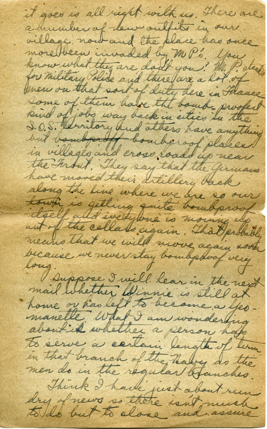 Handwritten WWI Letter Page from Pvt. Willis W. Wagener, France -- Discussing Military Police and 'Yeomanettes'