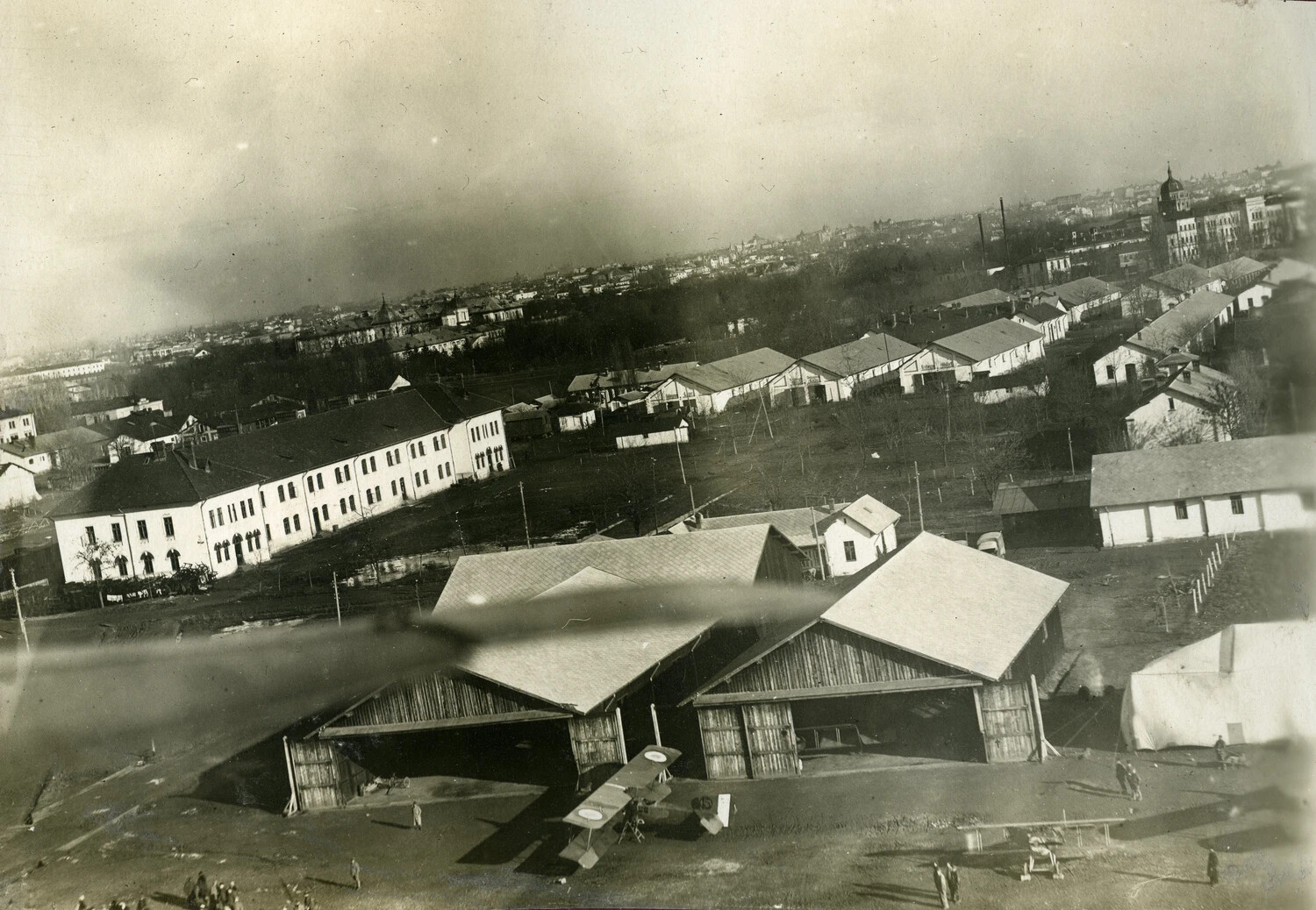 WWI Military Airfield with Hangars and Biplanes, Aerial View — French Pilot Album