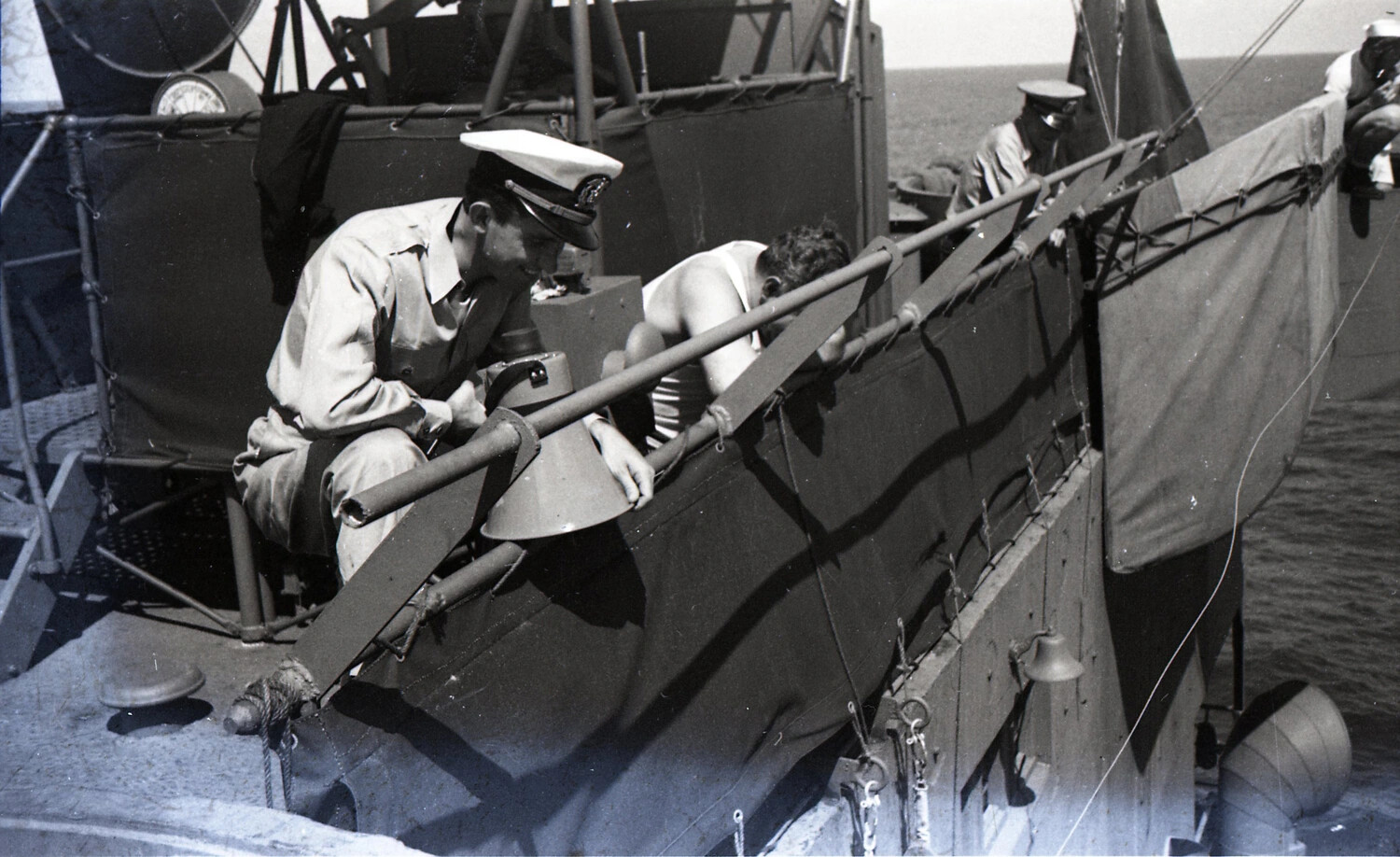 U.S. Navy Officer and Crew on Ship's Bridge Wing, China-Burma Collection, WWII