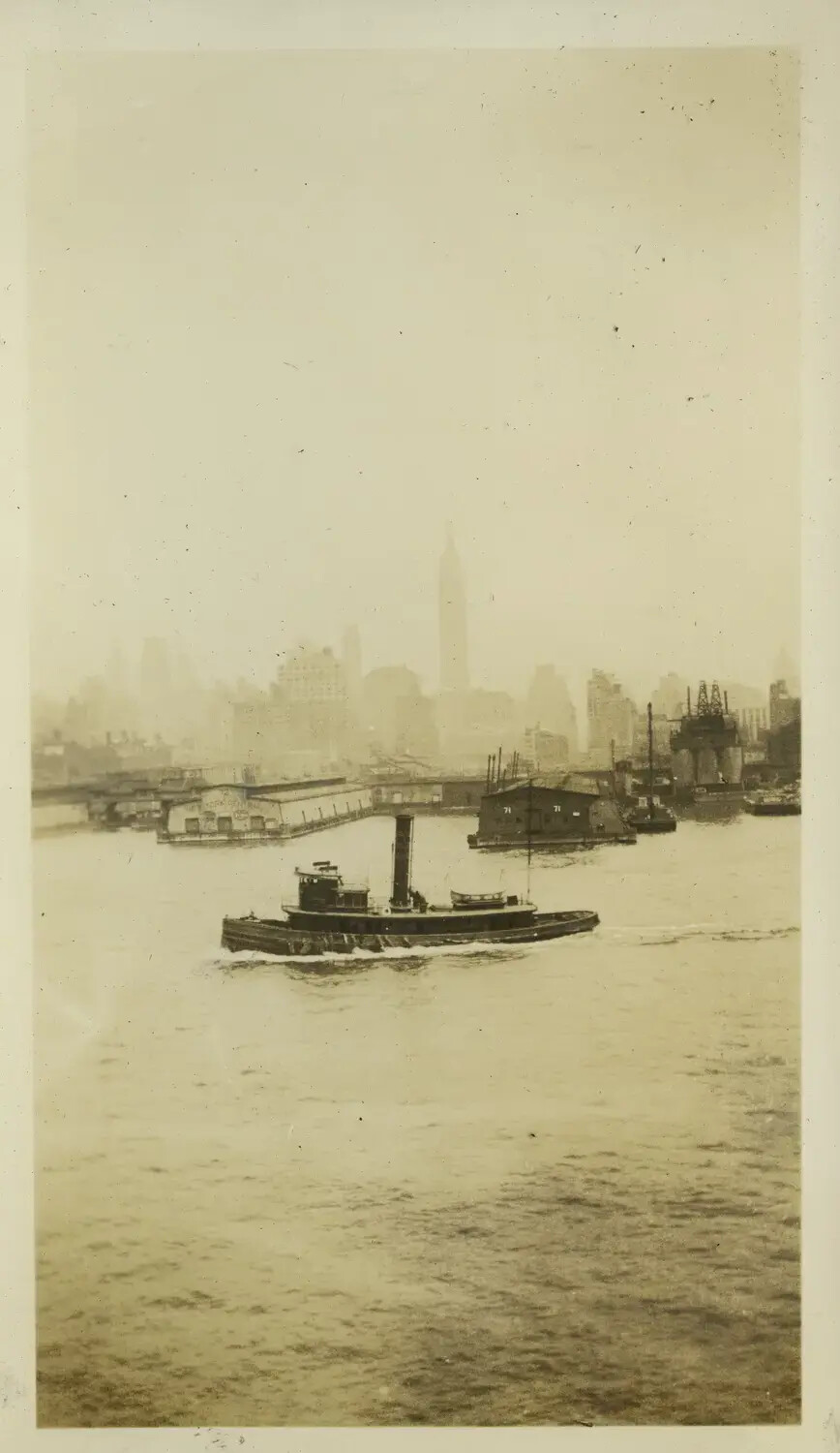 New York Harbor Skyline with Steam Tugboat, Viewed from USS Maryland, 1930s