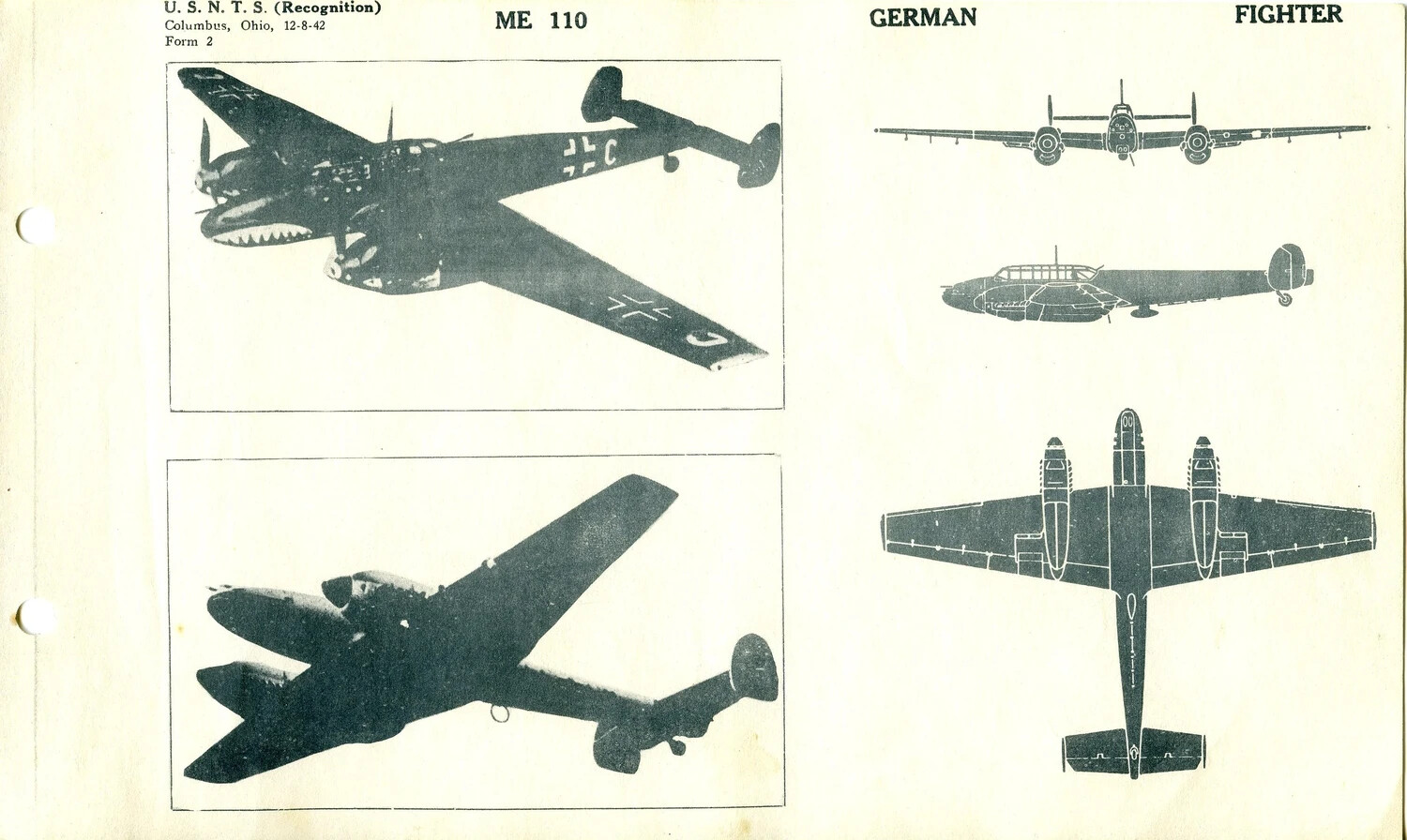 U.S.N.T.S. Aircraft Recognition Manual Page - Messerschmitt Me 110 German Fighter, 1942