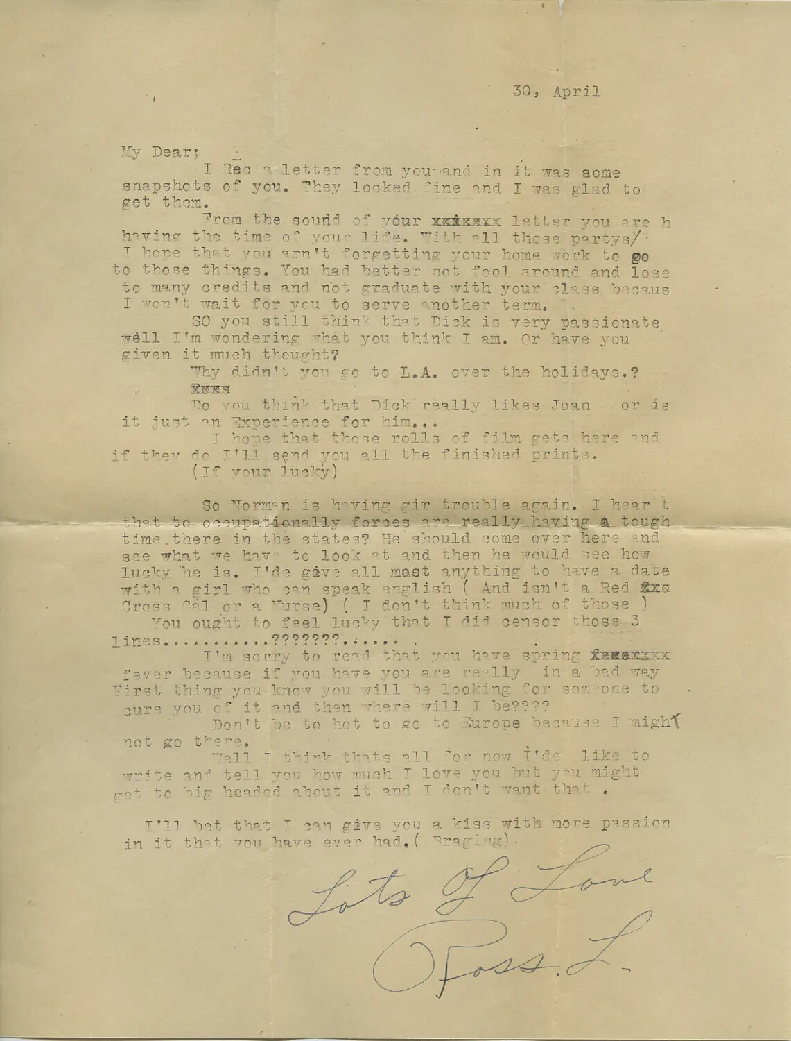 Typewritten Love Letter from 'Foss L.,' Dated 30 April, Moon Sammiet Collection