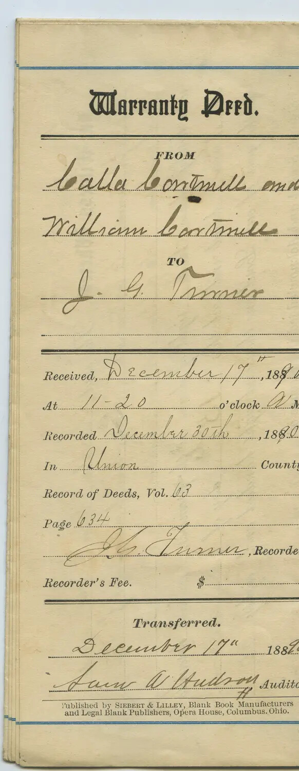 Warranty Deed Document, Union County, Ohio, 1880 – Turner Family Papers