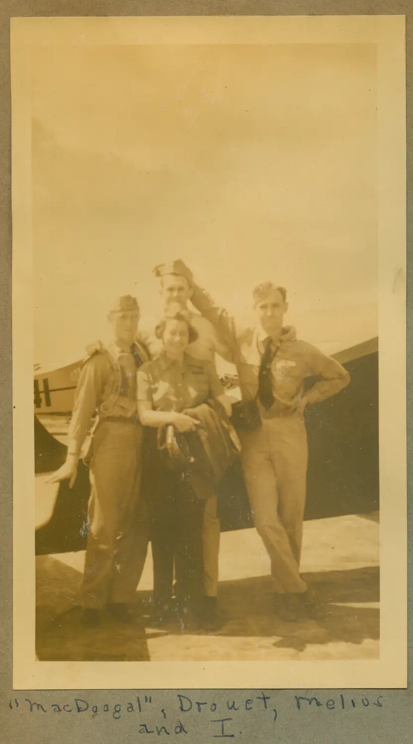 Naval Aviation Cadets and Companion Posed by Trainer Aircraft, "MacDougal, Drouet, Melios and I"