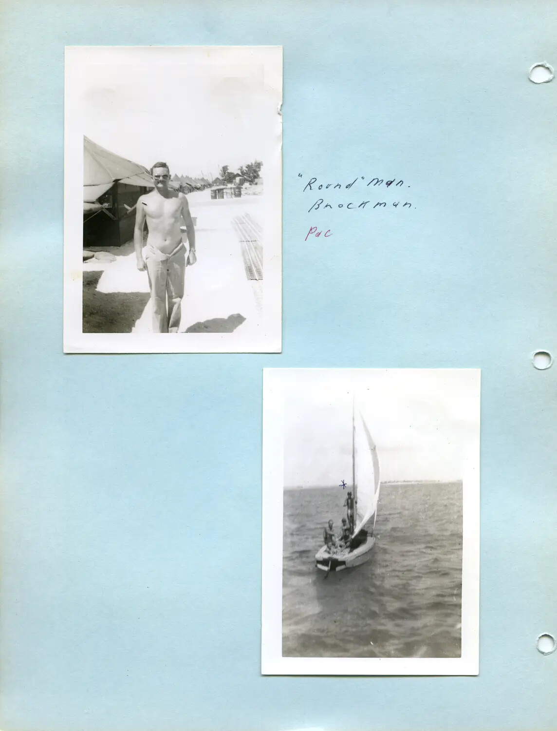 Scrapbook Page: Serviceman at Pacific Tent Camp and Men Sailing, Pat McAleer Collection