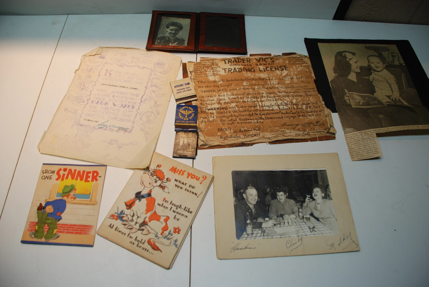 Personal Memorabilia Collection of a WWII-Era Army Air Forces Airman: Certificates, Matchbooks, and Photographs