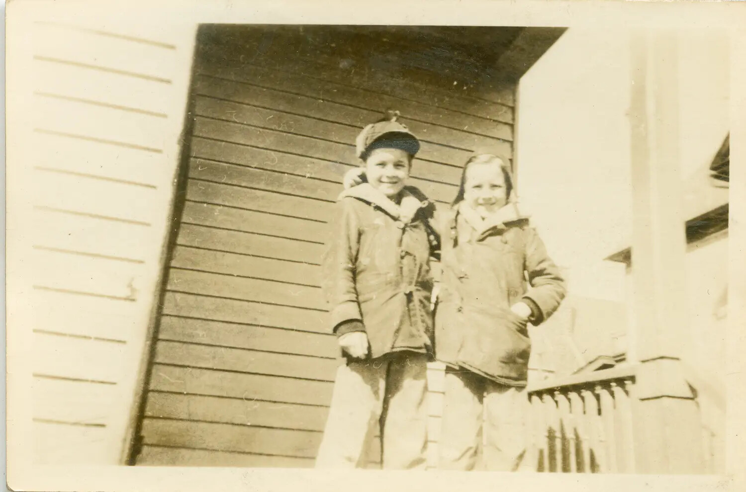 Childhood Portrait of Two Siblings on a Porch, Pre-War Family Snapshot