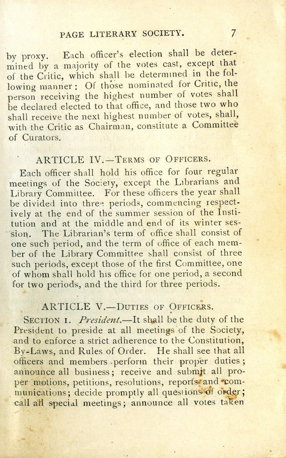 Page Literary Society Rule Book, Page 7 (Article IV-V, Officer Duties)