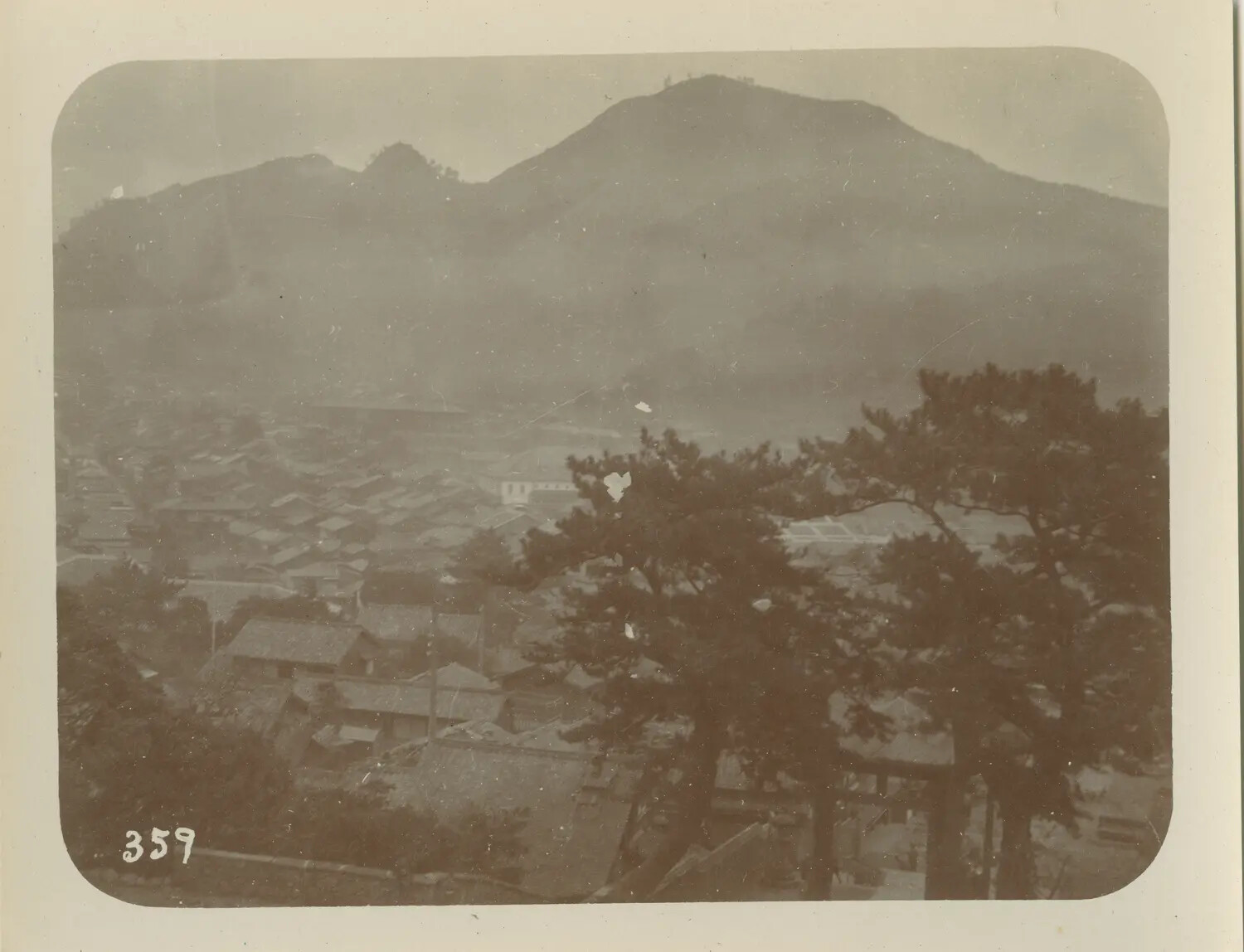 View of Japanese Town Beneath Mountain, with Shinto Torii Gate, Early 20th Century