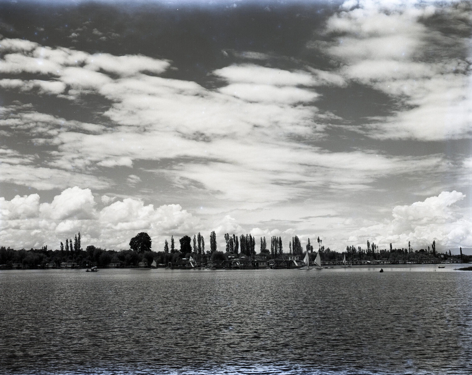 Houseboats and Sailboats on Dal Lake, Kashmir - WWII CBI Theater Scenic Photograph