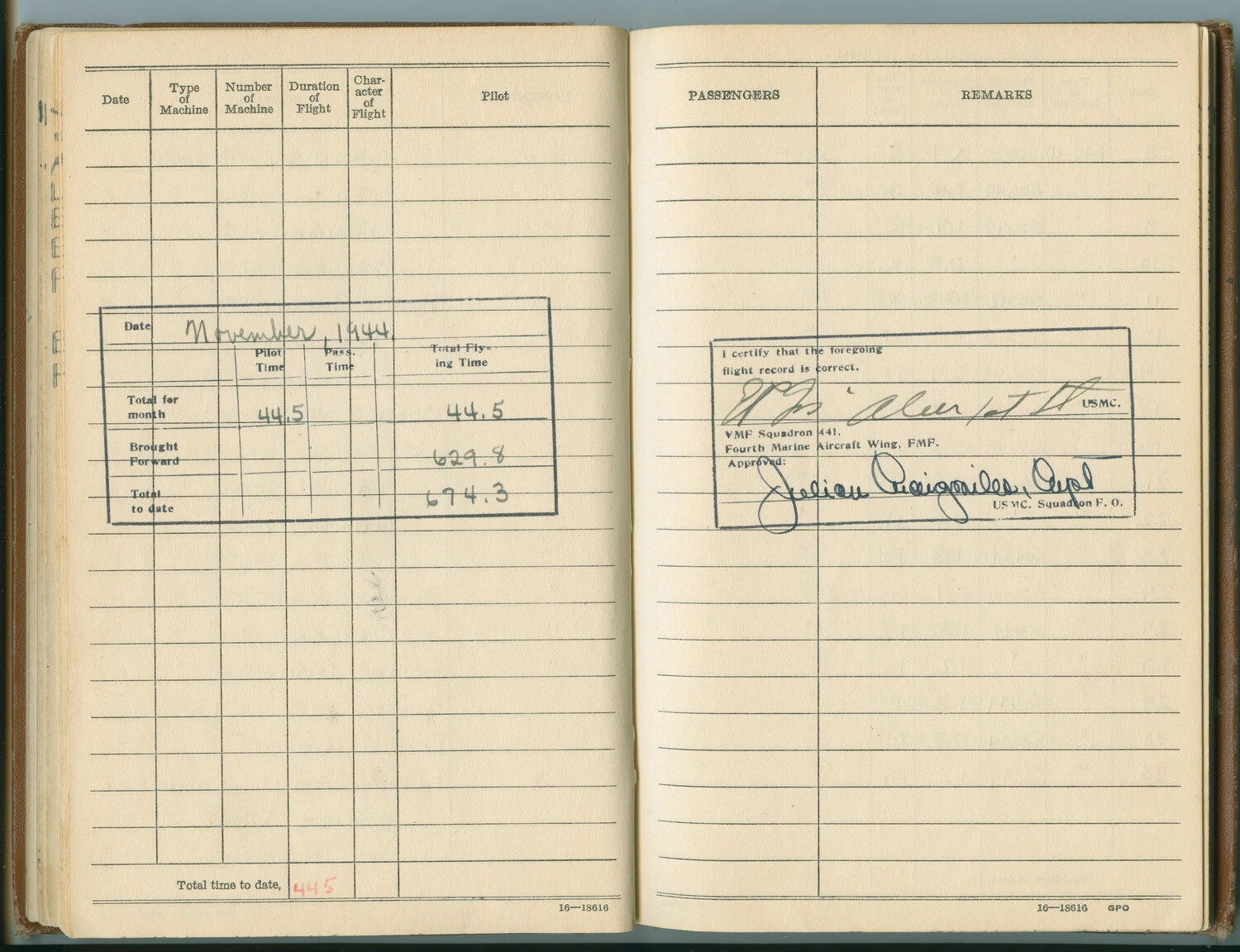 Pilot Flight Logbook Page, November 1944 Monthly Summary, VMF Squadron 441 — McAleer Log Book