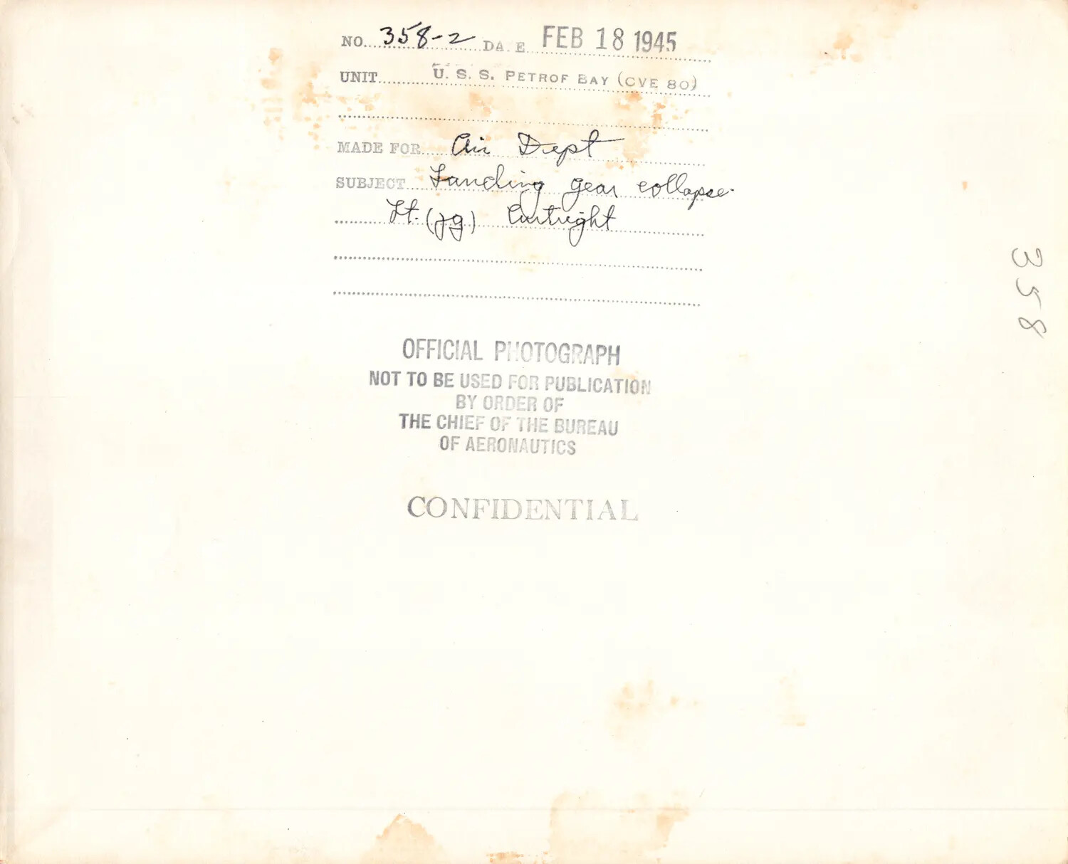 Verso Caption Card, USS Petrof Bay (CVE-80) Official Photograph No. 358-2, 18 February 1945