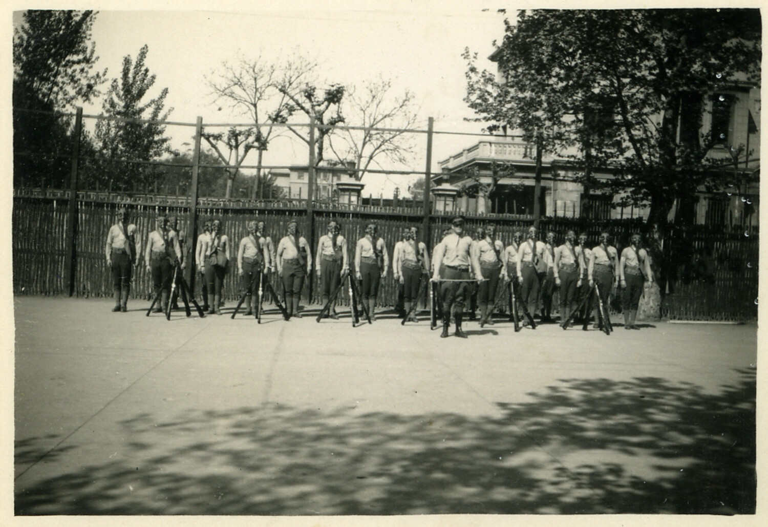 Soldiers in Gas Mask Drill at a Foreign Legation Compound, China, Interwar Period
