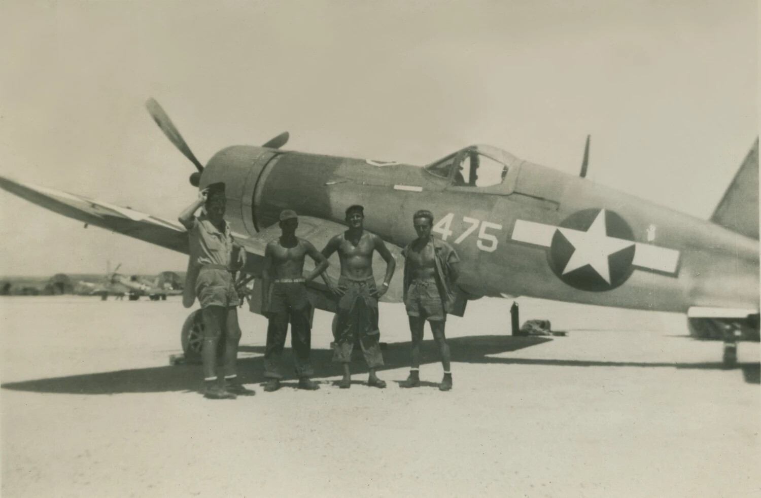 Four Airmen with P-47-type Fighter "475," McAleer Collection, WWII
