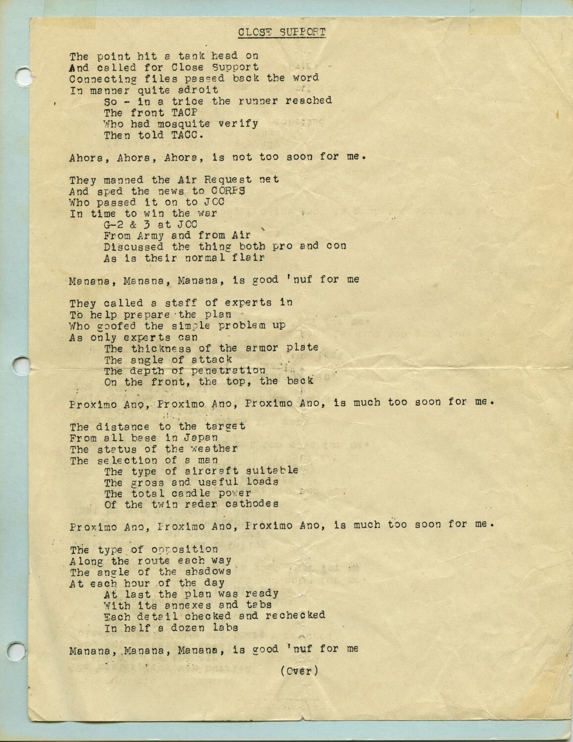 "Close Support" - Typewritten Satirical Military Poem, McAleer Collection