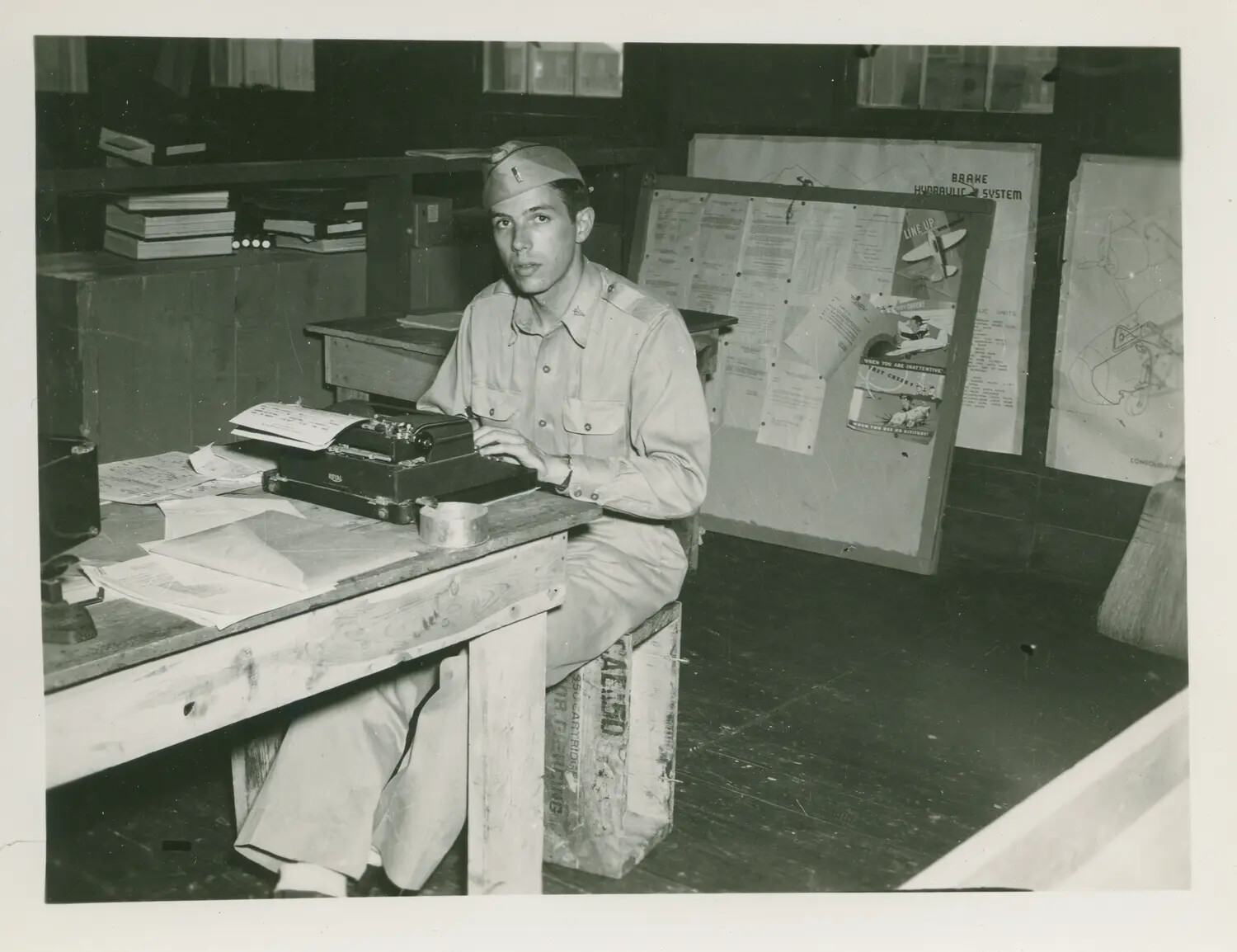 USAAF Officer Typing in Squadron Office, 392nd Bomb Group, England, WWII